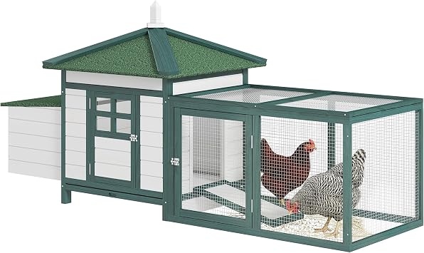 PawHut Chicken Coop with Chicken Run for 1-2 Hens 196 x 76 x 97cm Green | Outdoor Hen House Poultry Cage, Pull-Out Tray, Nesting Box