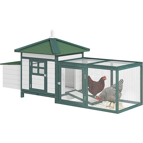 PawHut 77" Wooden Chicken Coop with Nesting Box, Cute Outdoor Hen House with Removable Tray, Ramp Run, for Garden Backyard, Green