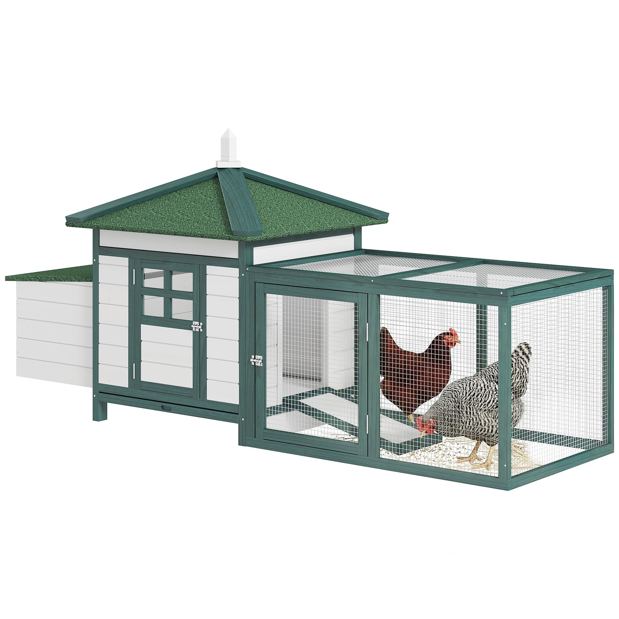 PawHut Gallinero de Madera Exterior, Jaula para Gallinas con Nidos, Corral, Techo Asfáltico Impermeable, Bandeja Extraíble, Tapa Abatible, 196x76x97 cm, Verde
