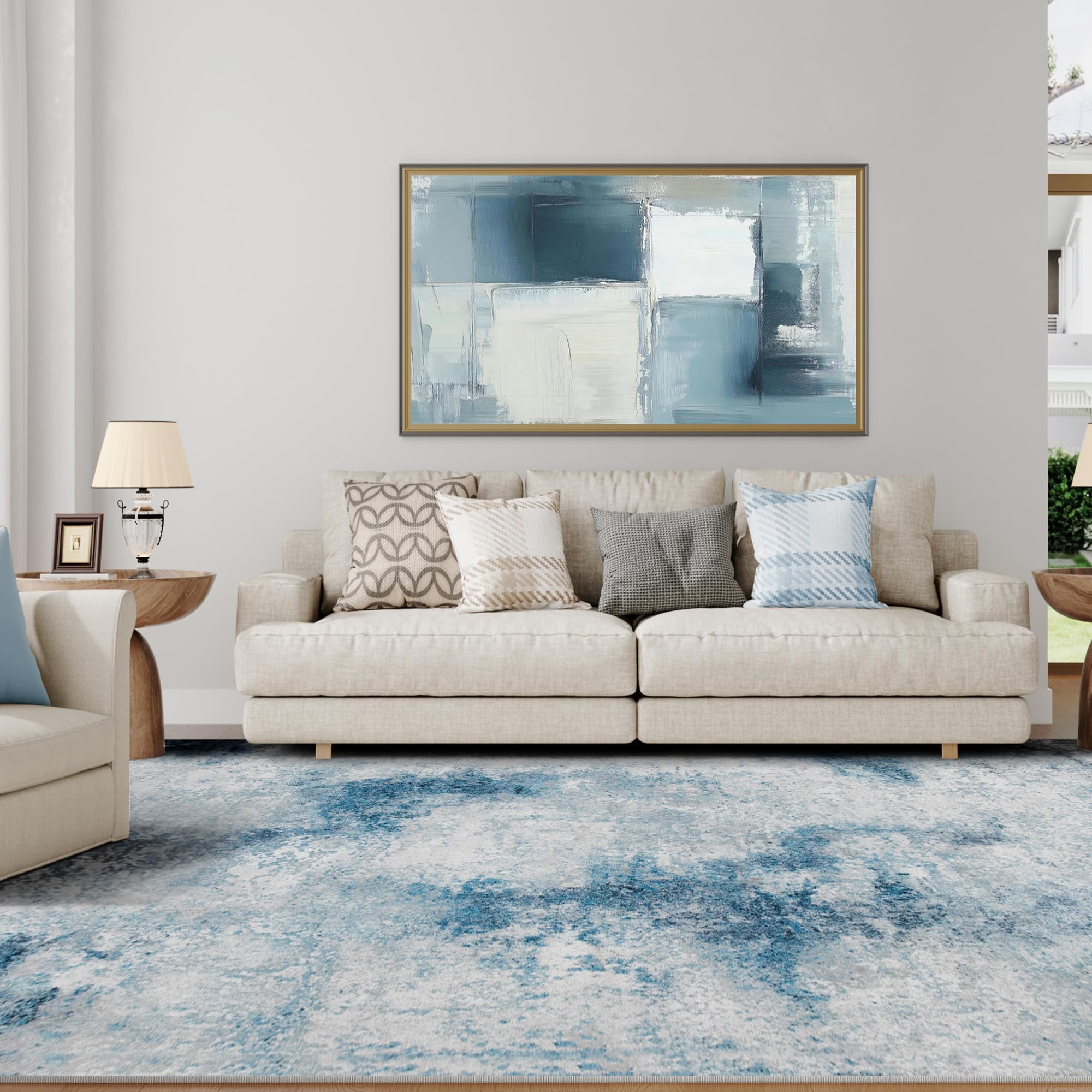 ARKIKI 8x10 Washable Area Rug for Living Room, Non-Slip Soft Modern Abstract Large Carpet, Low Pile Neutral Rugs for Bedroom, Dining Room, Home Office, Dorm, Indoor Decor, Blue and Grey
