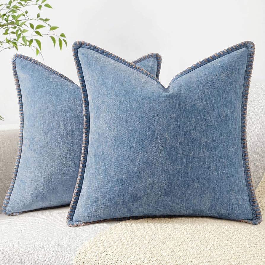 decorUhome Chenille Soft Throw Pillow Covers 18x18 Set of 2, Farmhouse Velvet Decorative Pillow Covers with Stitched Edge for Couch Sofa Bed, Blue