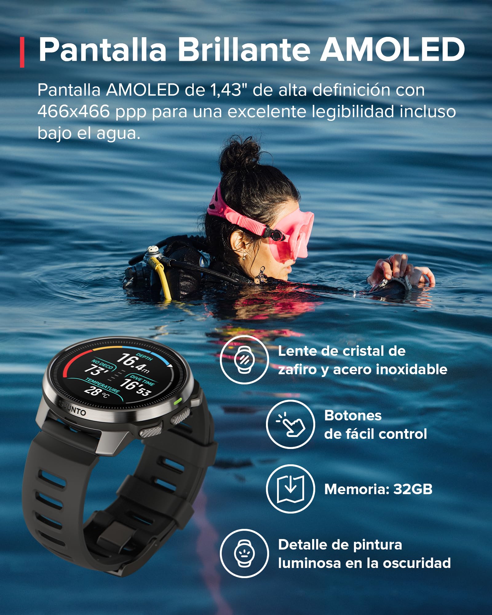 Suunto Ocean Ordenador de Buceo y Reloj Deportivo, Pantalla AMOLED, 100m Impermeable, GPS Doble Banda, Mapa Sin Conexión, 95+ Deportes, HRV y Seguimiento del Sueño