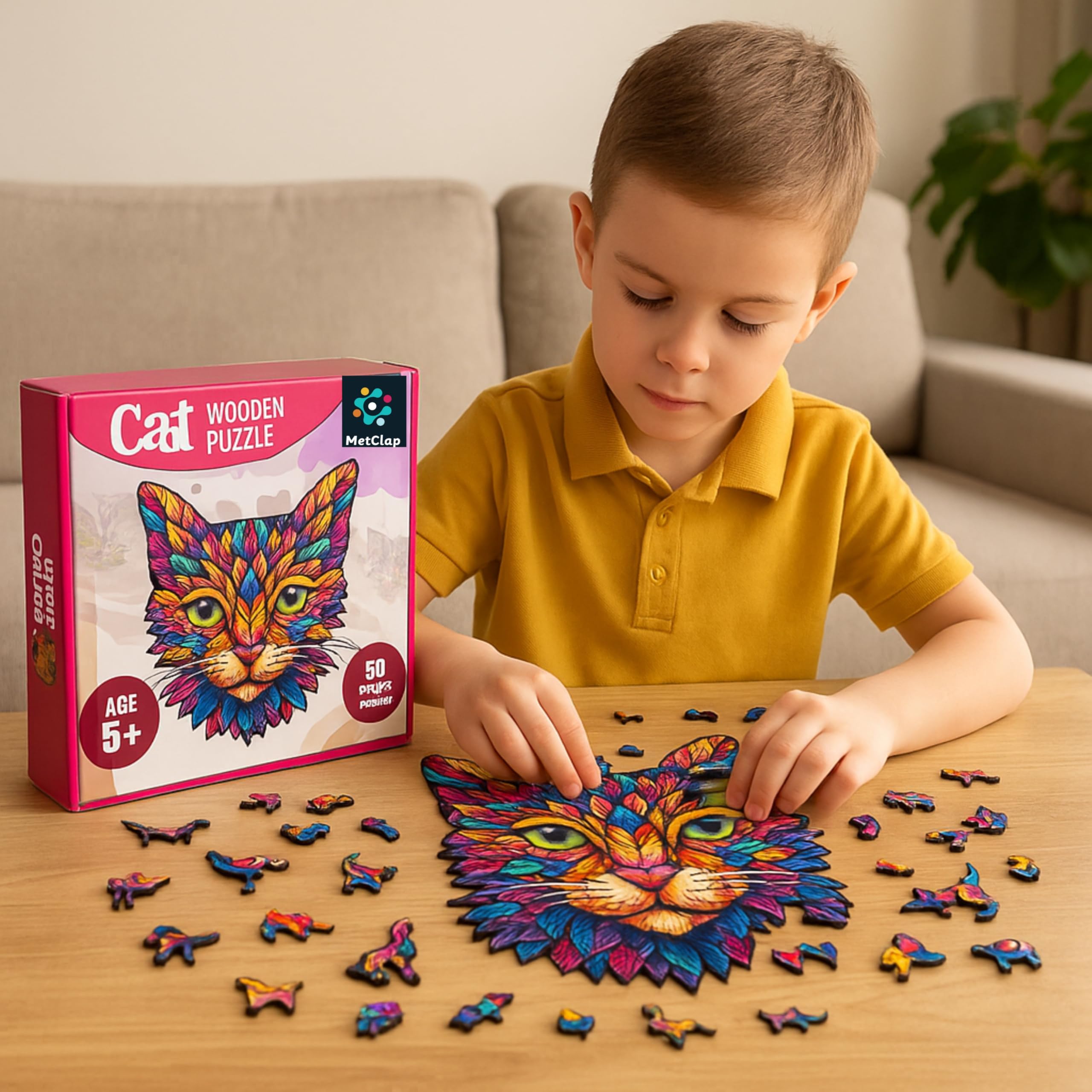 Metclap Wooden cat Puzzle - Educational Toy for Kids | 50 Piece Jigsaw Puzzles | Brain Teaser for Adults | Travel & | Fun & Engaging Game for All Ages | Ideal Gift for Toddlers 4