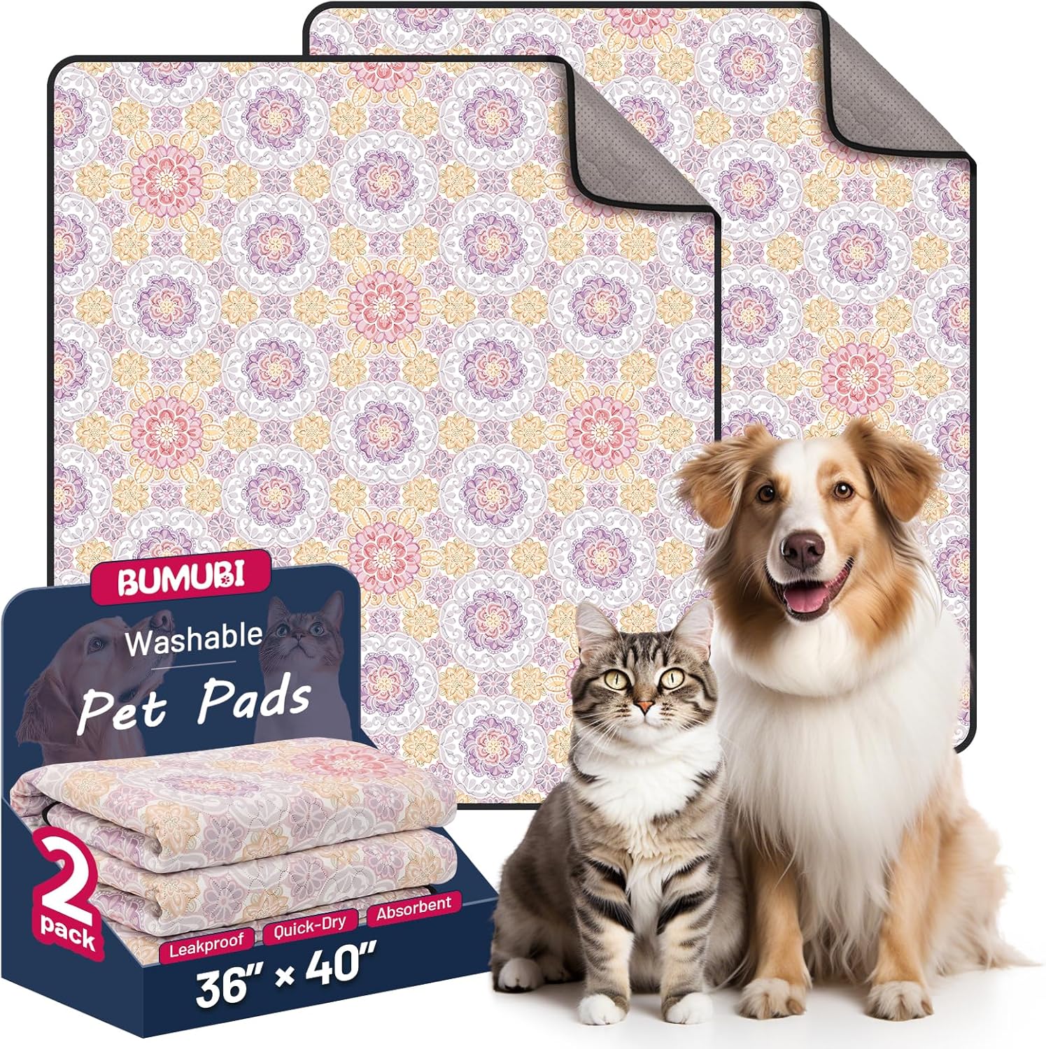 Washable Dog Pee Pads - Absorbent Reusable Puppy Training Pads, Waterproof Leak - Proof & Non - Slip for Crate Whelping Potty Training 36x41 (Pack of 2)