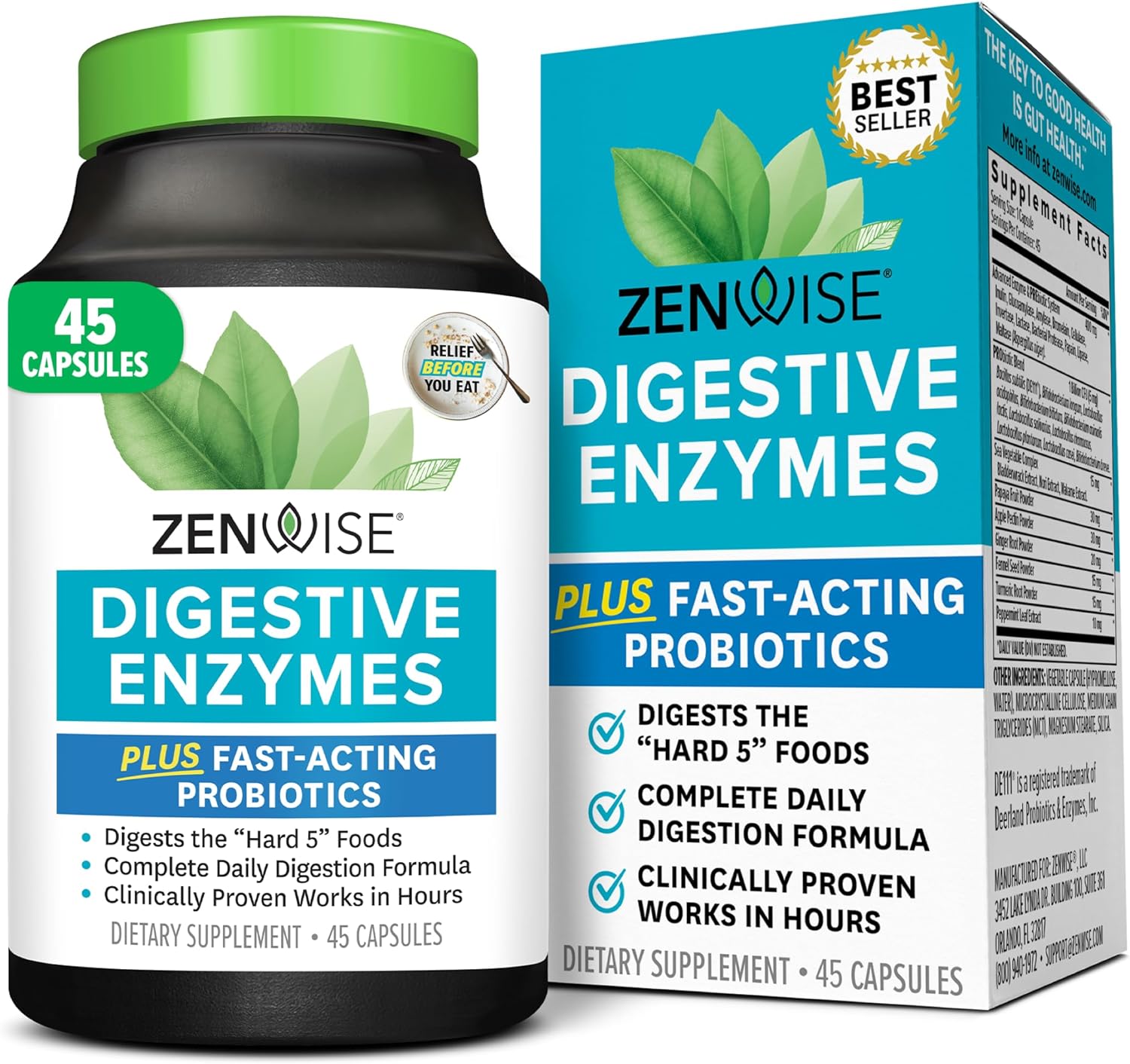 Zenwise Health Digestive Enzymes with Bromelain & Papaya – Multi Enzymes Digestion Supplement with Probiotics & Prebiotics for Gut Health, Gas & Bloating Relief – Men & Women – 45 Vegetarian Capsules