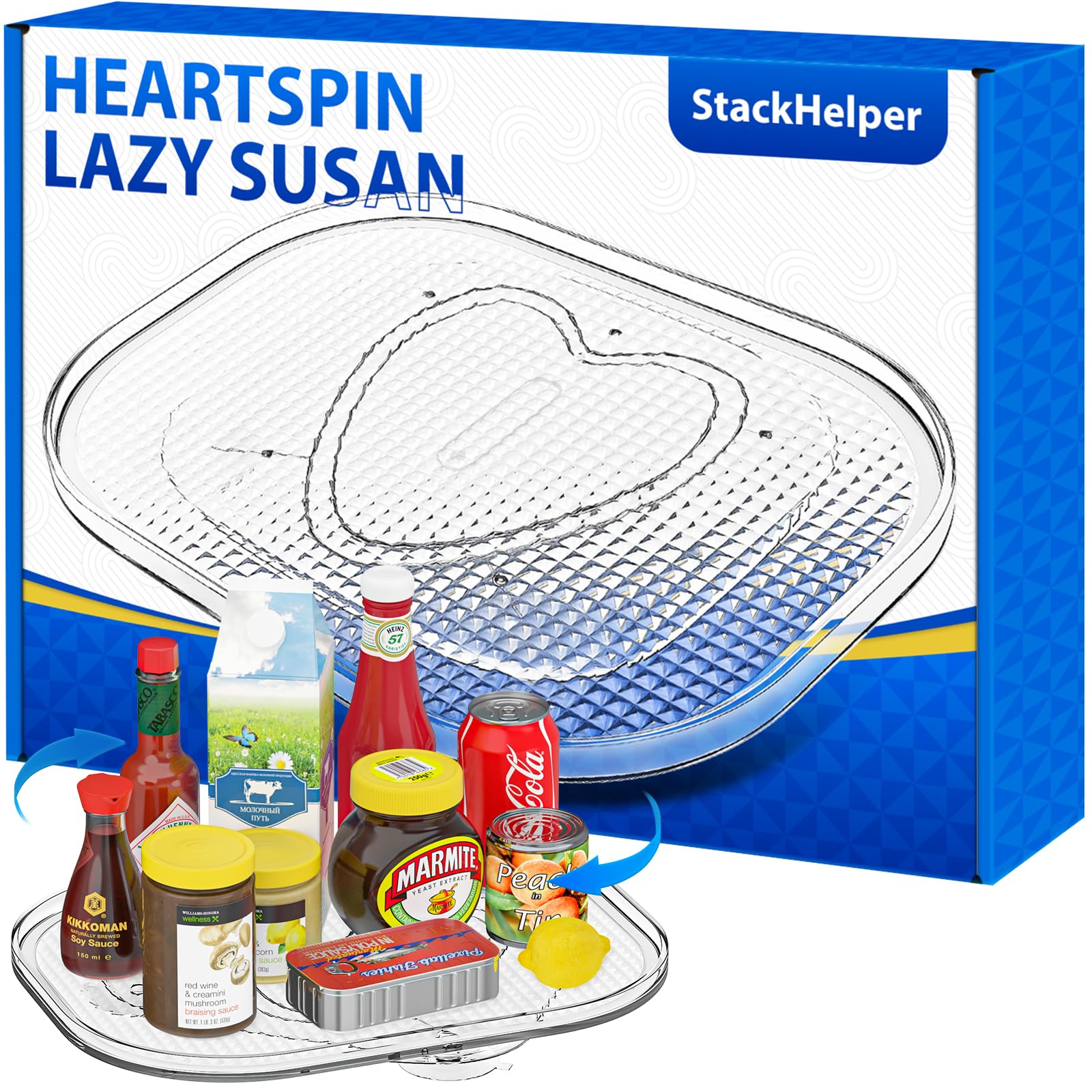 Lazy Susan Turntable Organizer - Fits Most Refrigerators, Rectangle Turntable Rack Spice Organizing, Heartspin Lazy Susan Organizer for Fridge, (Large)