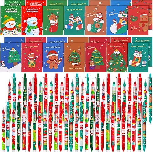 Pasimy Juego de 140 bolígrafos de tinta de gel de Navidad y mini cuaderno de Navidad, bonitos blocs de notas de Navidad pequeños a granel de 0.020