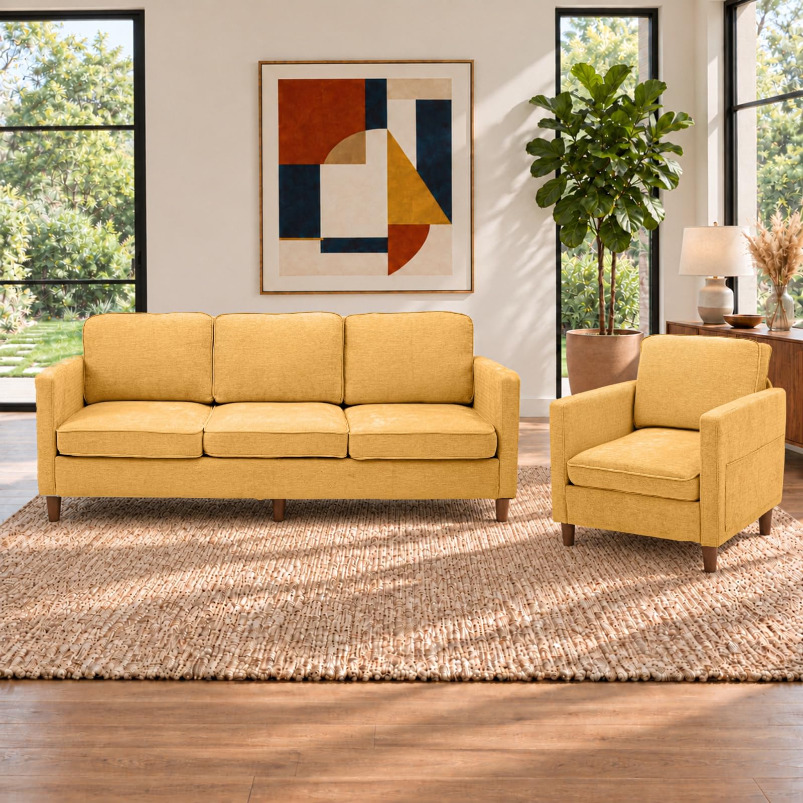 Kingfun Couch Set for Living Room, 3 Seater Chenille Sofa and Armchair