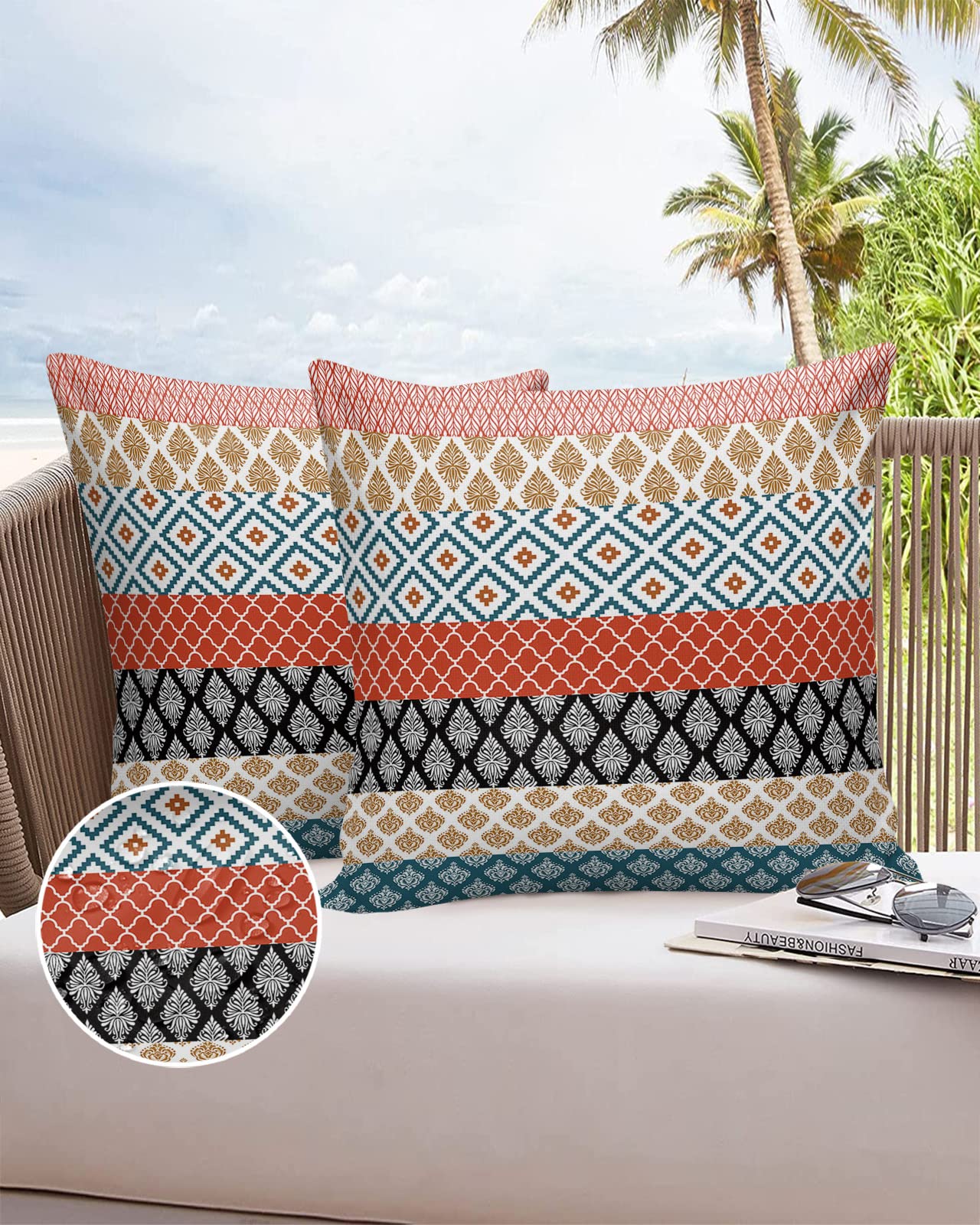 QoBexim Waterproof Outdoor Pillow Covers 18x18 Inch (Set Of 2) | Floral Boho Print | Patio Garden Cushion Covers