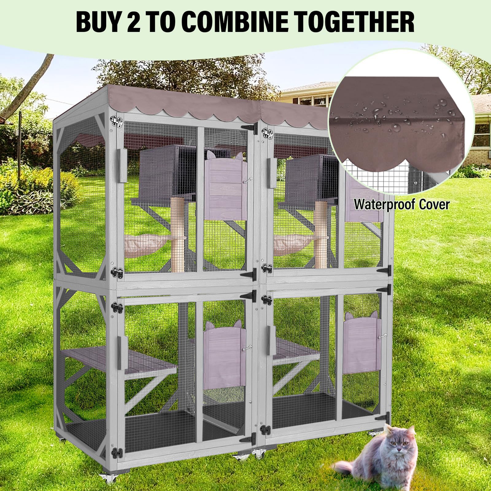Seiyierr Catio - Jaula para gatos de 66 pulgadas H con ruedas, techo impermeable, estilo rascador y hamaca, jaula para gatos al aire libre, capa de PVC (gris)
