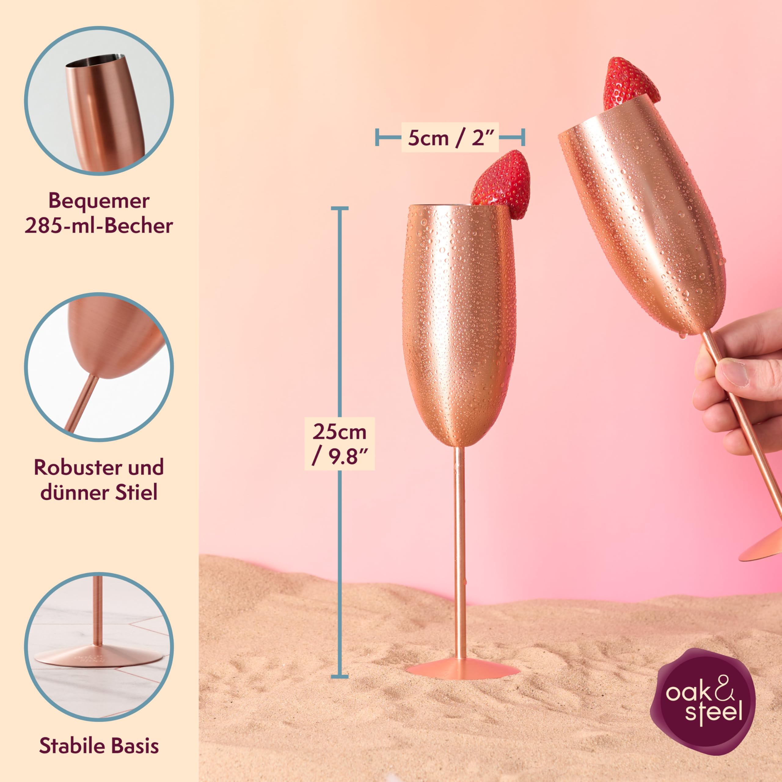 Oak & Steel - 4 Edelstahl Sektgläser (285ml), Champagner & Prosecco Gläser - Matte Roségold/Kupfer - Robust & Unzerbrechlich - Geschenkset für Geburtstage & Weihnachten