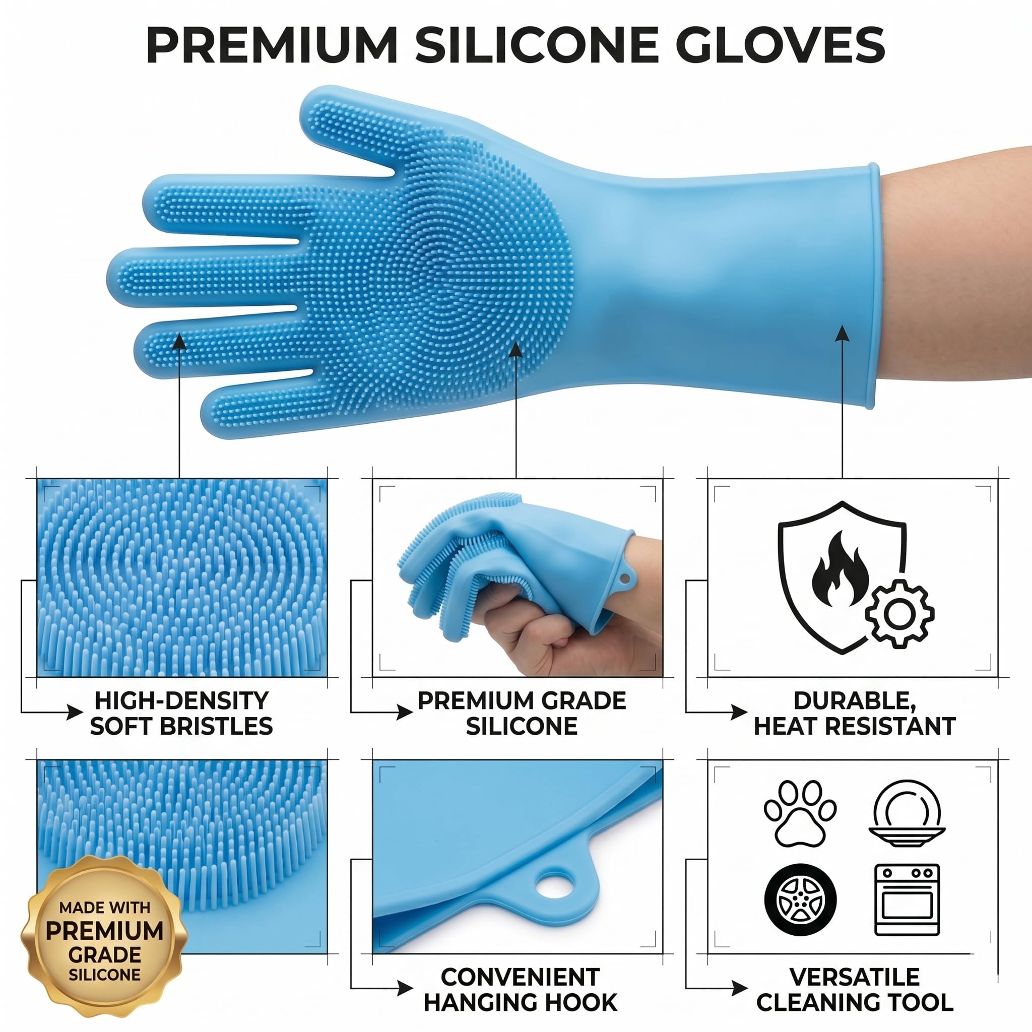 NVNAN Guantes de aseo para mascotas, guantes de aseo para perros con dientes de alta densidad, guantes de silicona resistentes al calor con diseño mejorado de cinco dedos para bañar y masajear perros