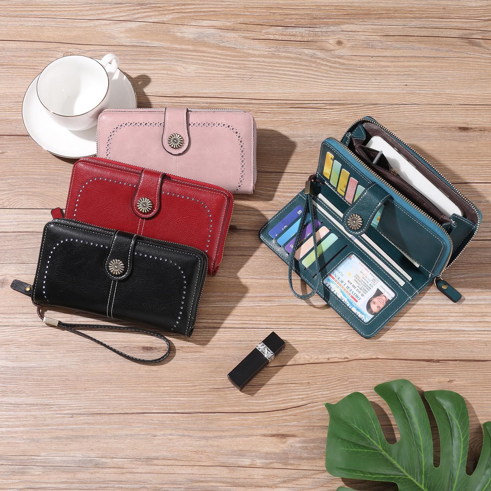 GOIACII Portefeuille Femmes en Cuir Grande Capacite Porte Monnaie RFID Blocage avec Chequier 13 Emplacements pour Cartes et Bracelet