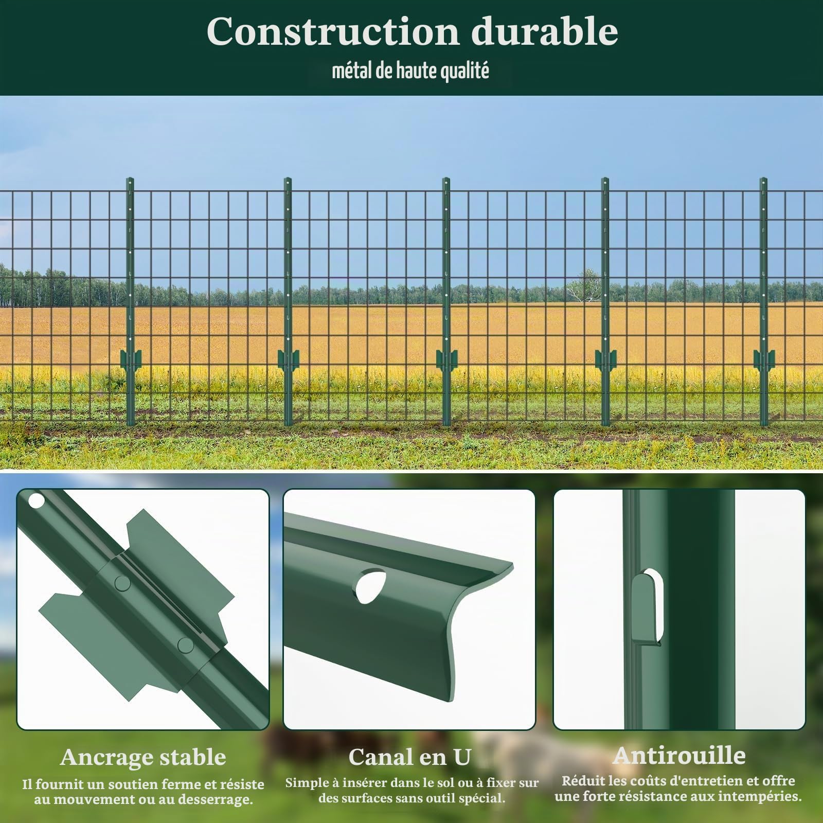 Lot de 5 poteaux de clôture en métal robustes et durables de 148 cm pour jardin, terrasse et extérieur – Poteaux de clôture en forme de U verts (5)