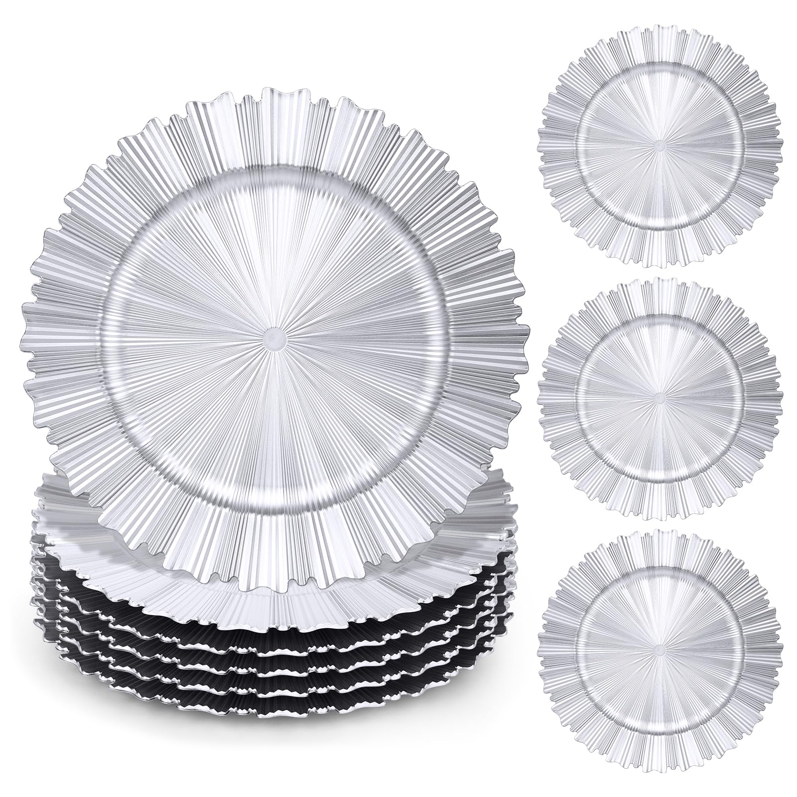 Etsutomy 6 Pcs Silver Charger Plates,13 Inch Elegant Fluted Edge Plastic Charger Plates Reusable Table Chargers for Dinner Birthday Wedding Party Bridal Showers Tableware Dishes Luxury Decor