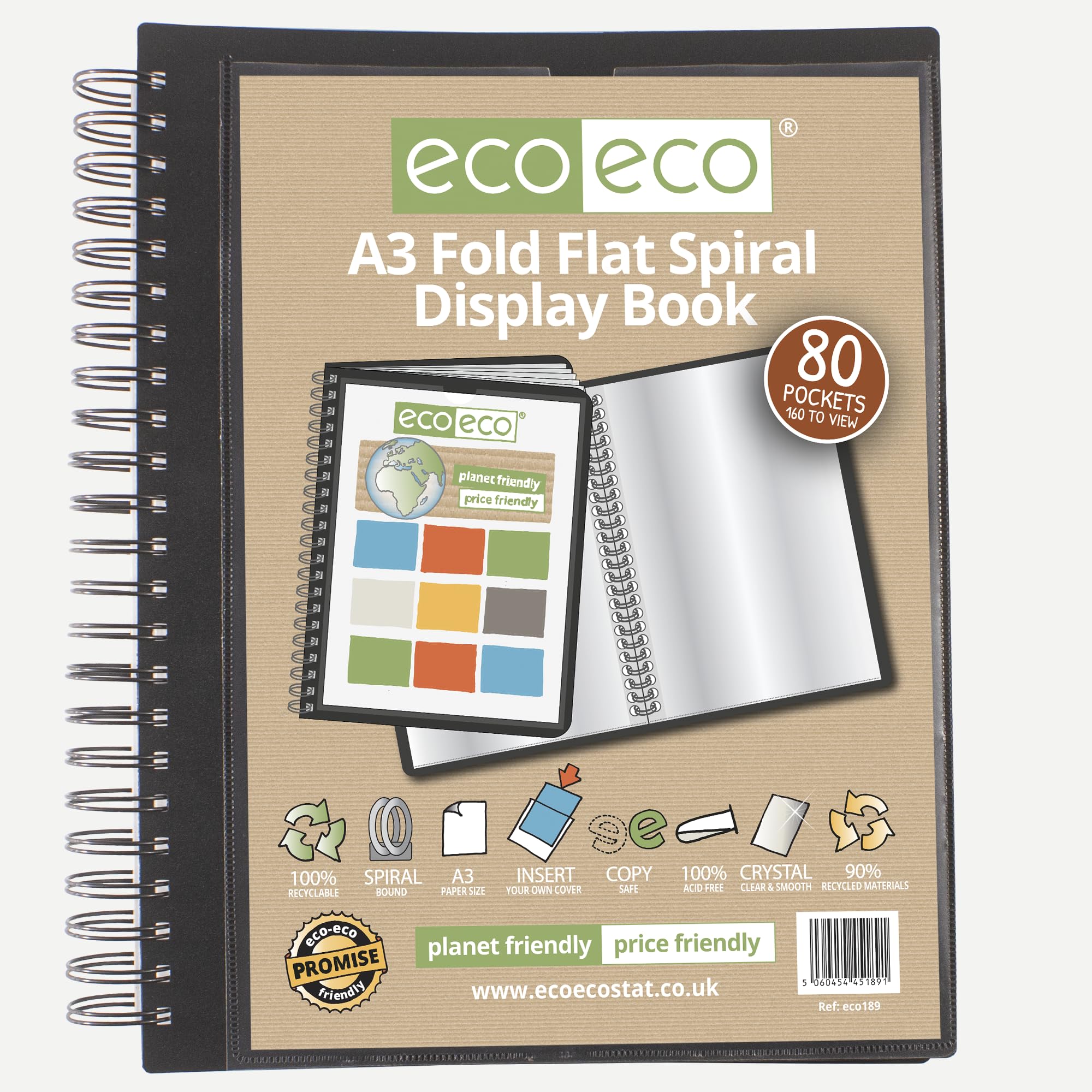 Eco-Eco Black A3 90% Recycled 80 Pocket Fold Flat Spiral Bound Display Book, Eco189,