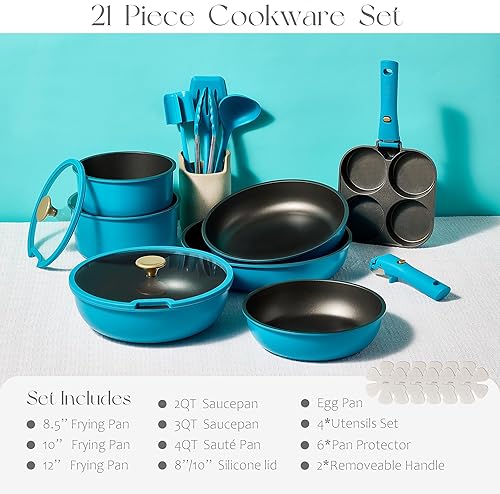 Miniatura 2 de CAROTE Juego de 21 ollas y sartenes, juego de utensilios de cocina antiadherentes, mango desmontable, juegos de utensilios de cocina de inducción