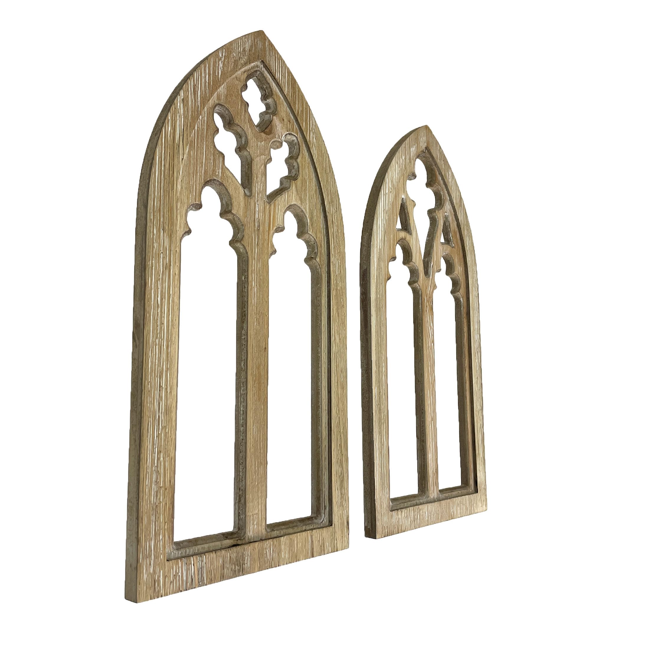 Set mit 2 weißgekalkten Holzrahmen im Gothic-Stil, Fensterrahmen, Wanddekoration, 39 cm, skulpturale Heimdekoration, zeitlose gotische Eleganz