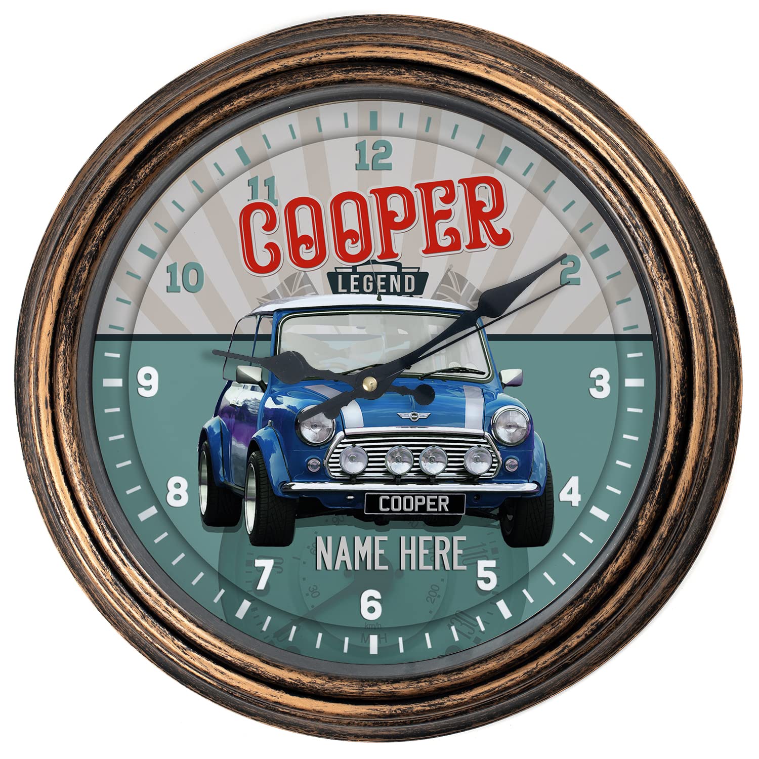 KRAFTYGIFTS Personalised Car Wall Clock Mini Cooper Blue Classic Round Hanging Glass Front Garage Clock Birthday Gift VCC27