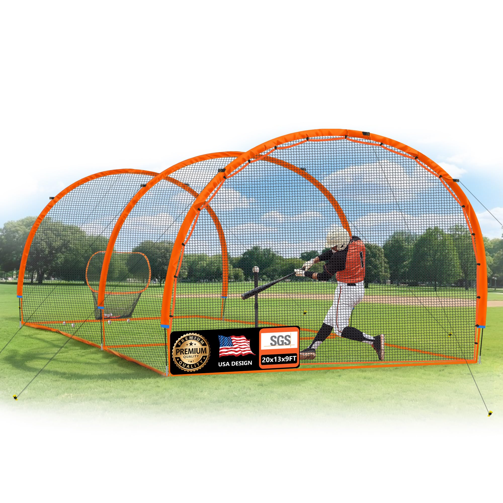 ORIENGEAR Baseball Batting Cage for Backyard, Fully Enclosed Hitting Cage, Baseball and Softball Training Cages, Backyard Hitting and Pitching Practice Net with Frame, 1.25" Mesh