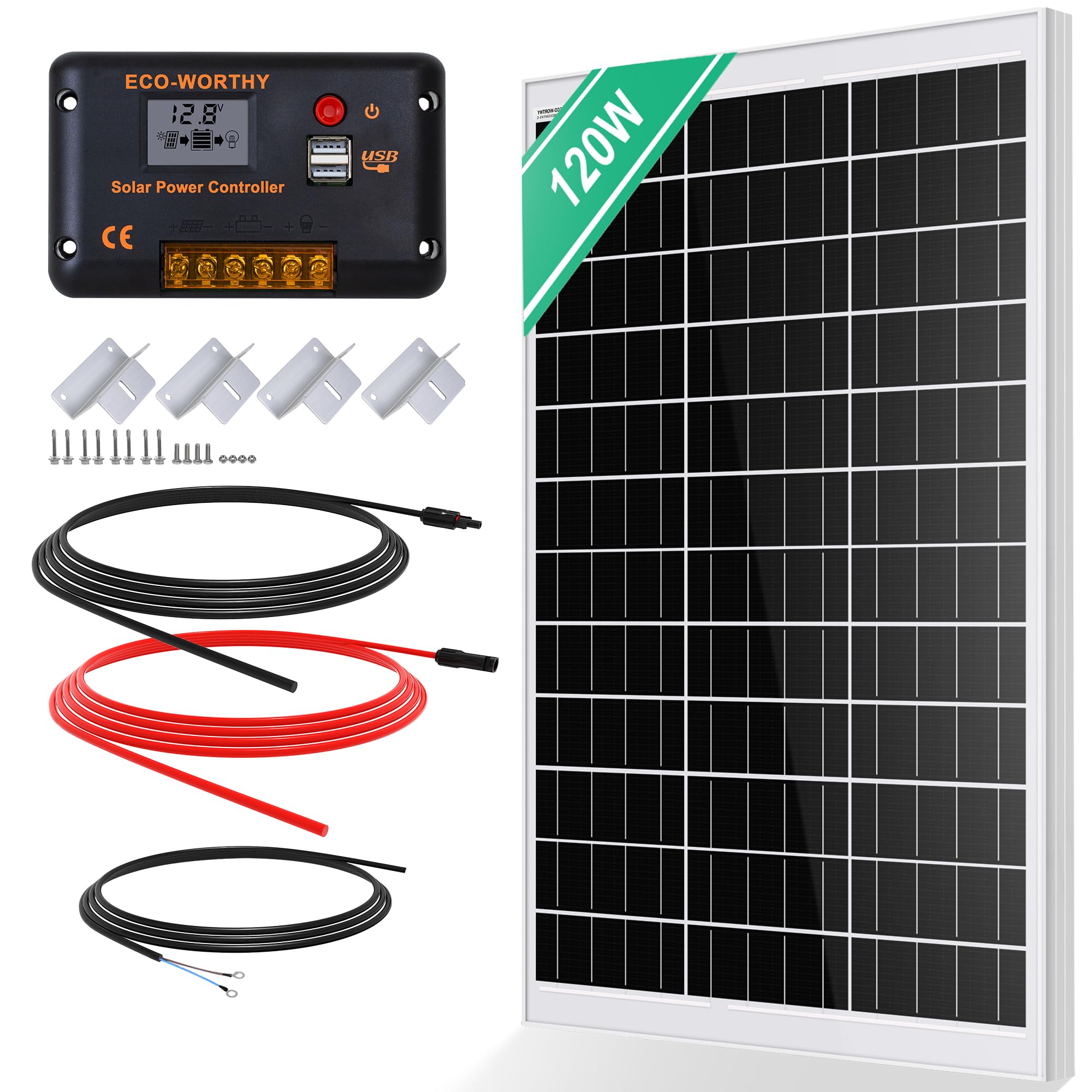 ECO-WORTHY 120W Solarpanel Kit: 120W12V Monokristallinem Solarmodul + 30 A Solarladeregler + 5m Solarkabel + Z-Befestigungsklammern für Wohnmobil,Wohnwagen,Haushalt und Off-Grid-System
