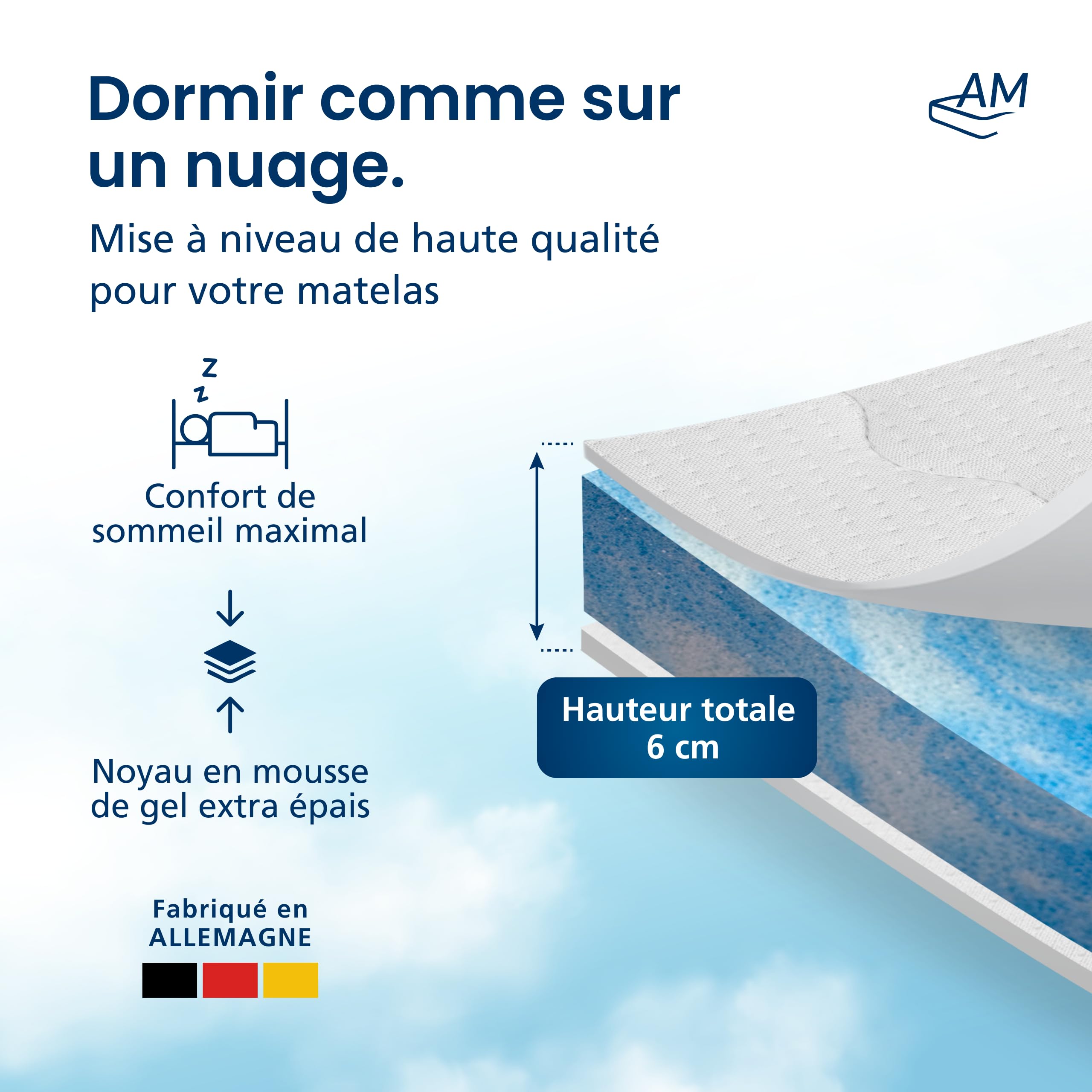 AM Qualitätsmatratzen - Surmatelas memoire de forme 180x220 6cm - Mousse de gel adaptable et respirante pour un sommeil reparateur - Housse de surmatelas moelleux - Surmatelas 180 x 220 haute de gamme