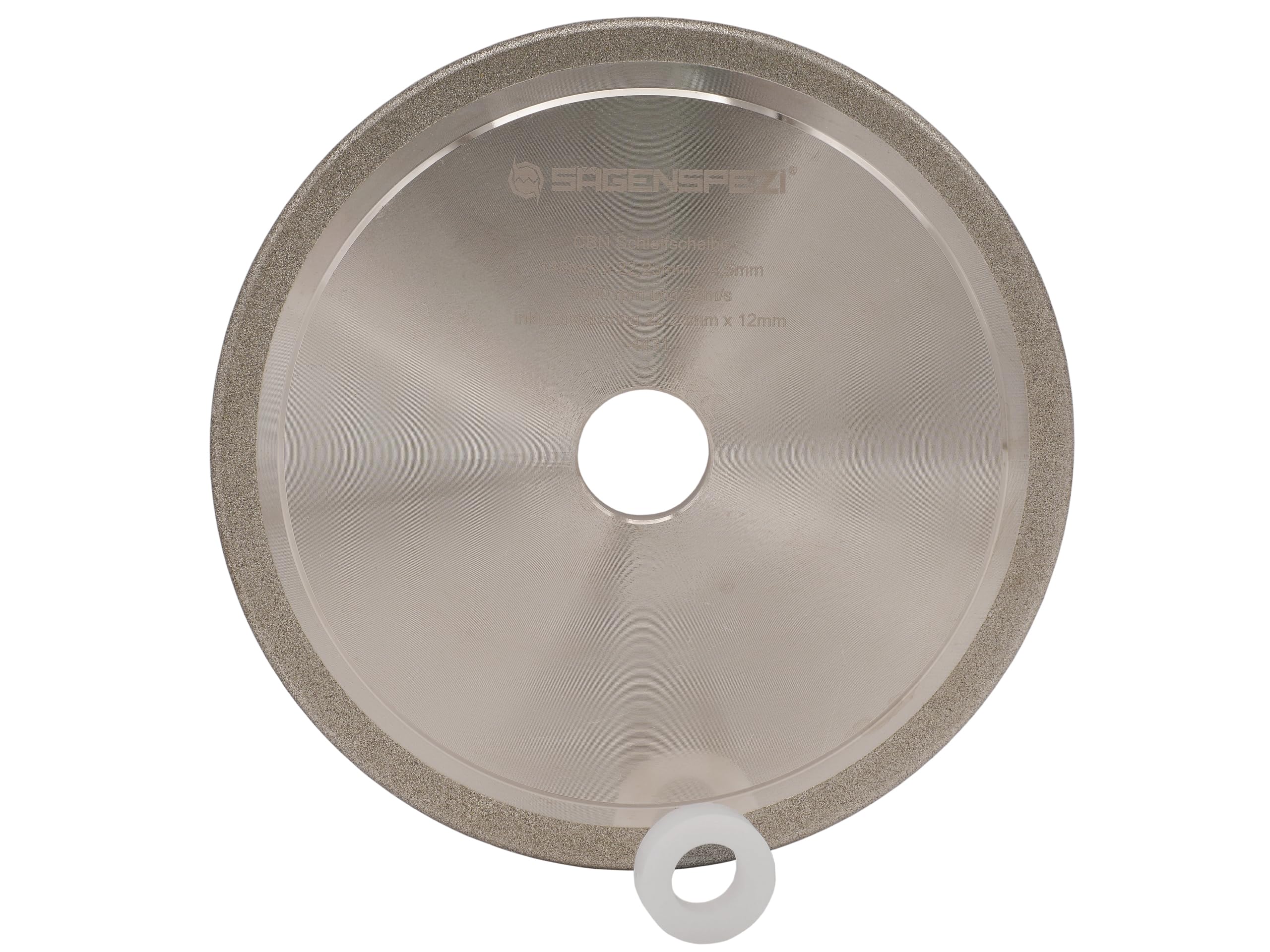 SÄGENSPEZI Muela de amolar CBN 145 × 22,23 × 4,5 mm – Rectificadora profesional para cadenas estándar y de carburo de tungsteno, galvanizada, uso húmedo/seco, incluye adaptador de 12 mm