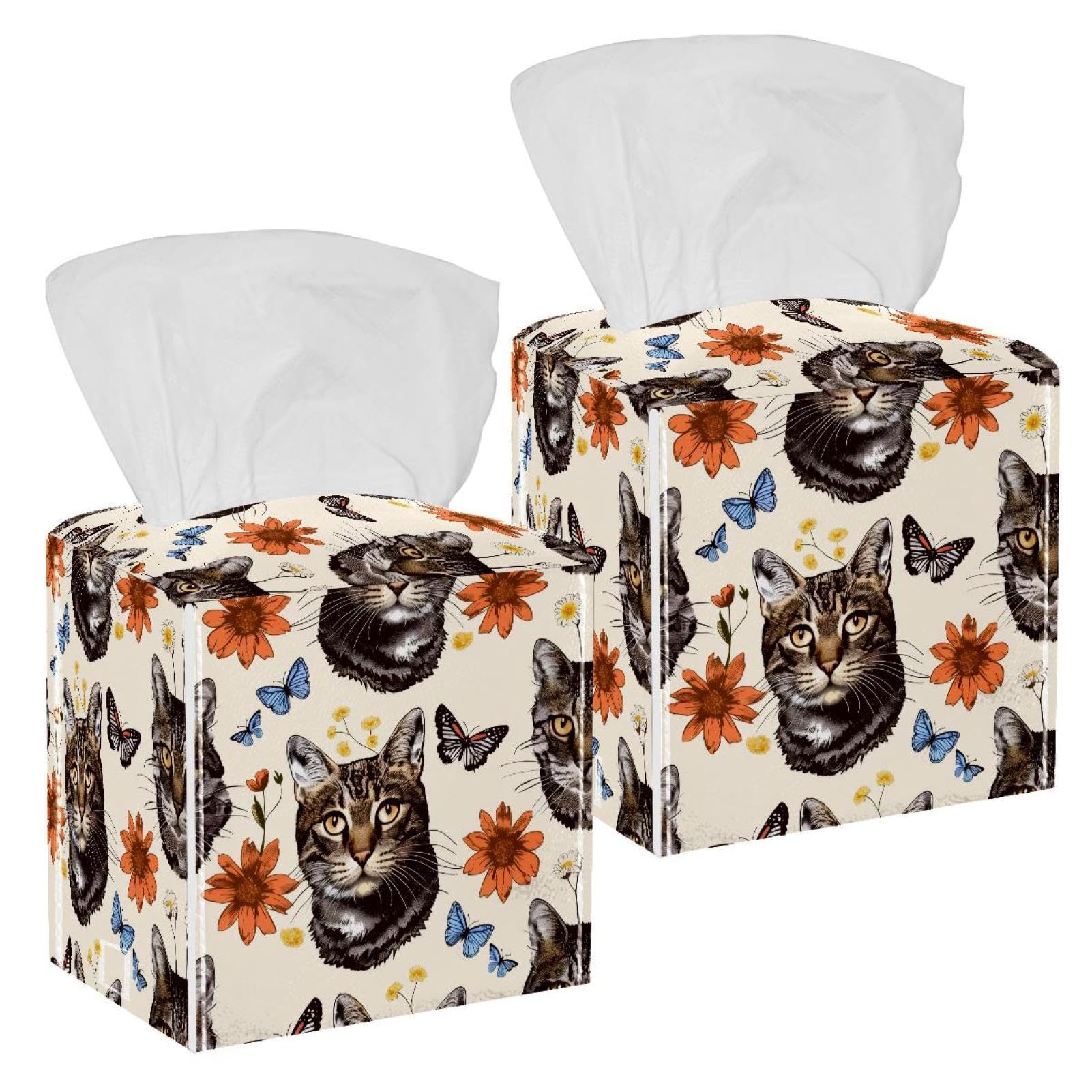 Cats Florals Tissue Box Cover, 2 Pack PU Leather Square Facial Tissue Dispenser Box holder for Home Office Car