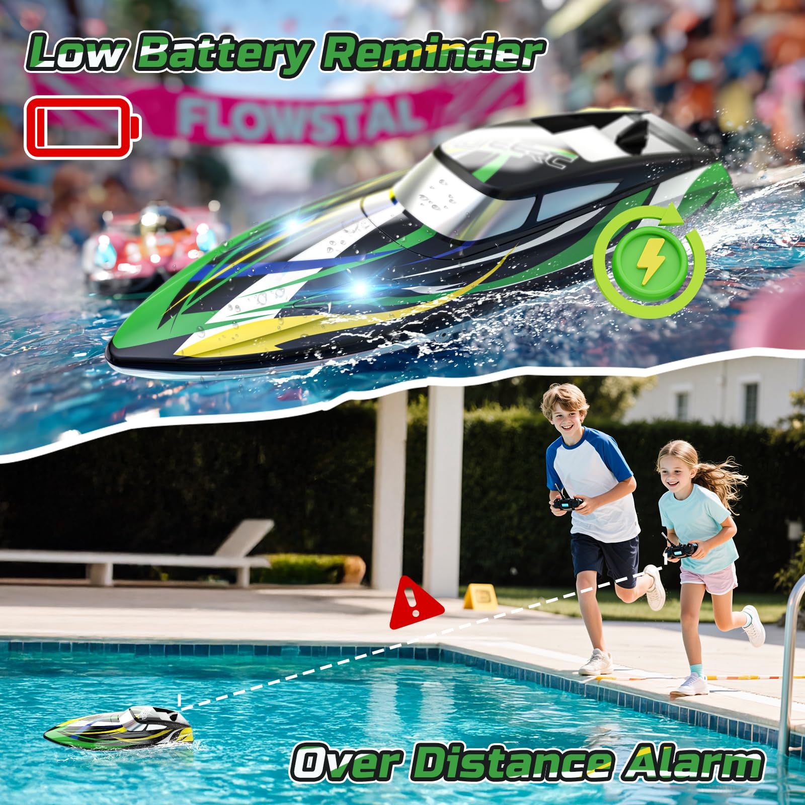 DEERC - Barco teledirigido de alta velocidad con luces LED, barco de carreras RC rápido autorectificador, 2 baterías para más de 24 minutos de autonomía, mando a distancia de 2,4 GHz, juguete para