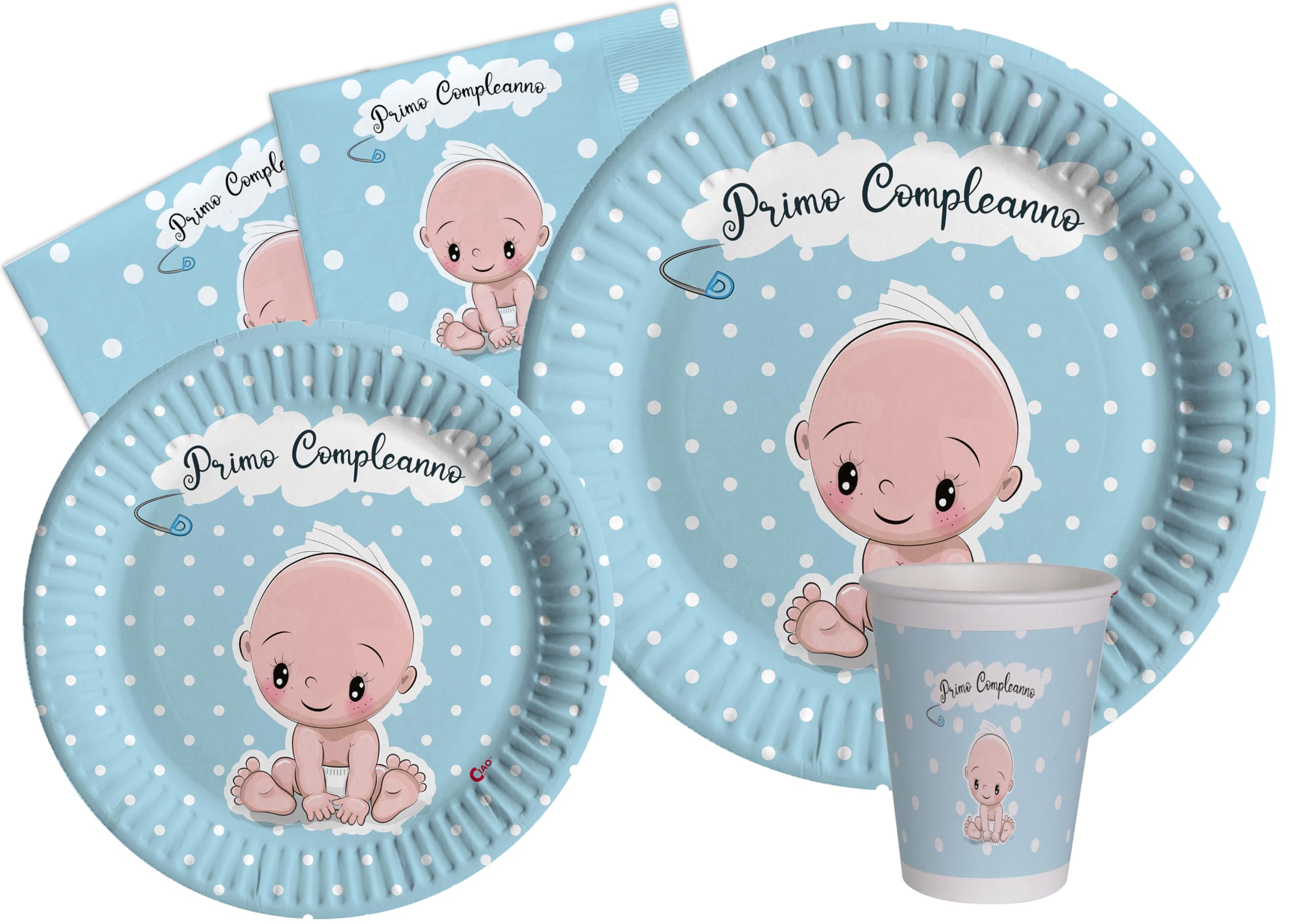 Ciao Party Tableware Set Primo Compleanno for 8 People (44 pcs: 8 Plates Ø23cm, 8 Plates Ø18cm, 8 Cups 200ml, 20 Napkins 33x33cm) in eco-Friendly compostable Paper, Sky Blue