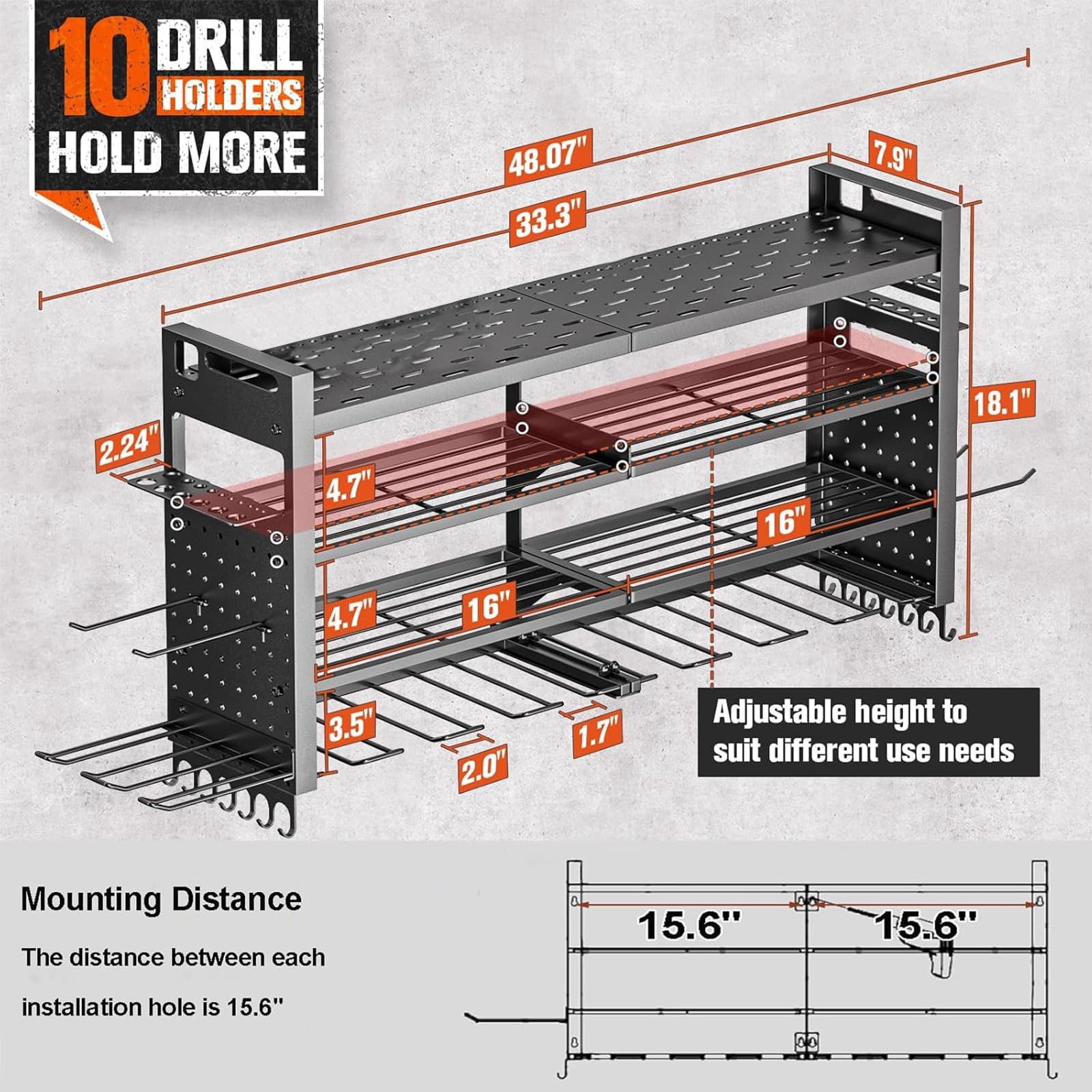 Support mural robuste pour outils électriques, grande organisation de garage avec 10 supports de perceuse sans fil, 4 couches d'organisateurs d'outils et de rangement, porte-outils avec 6 multiprises