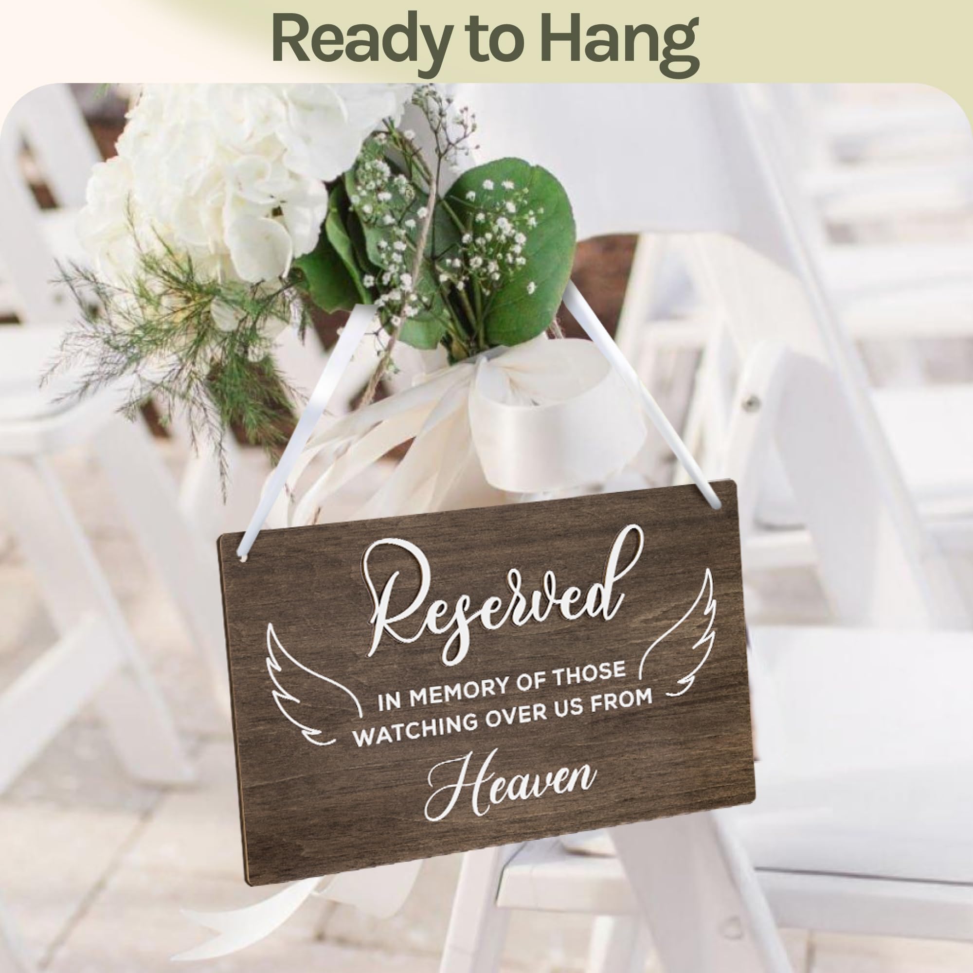 STOFINITY 'Reserved Seating Signs Wedding Heaven' - Reserved Memorial Wedding Chair, Holzschild für Hochzeitszeremonie, Sitzbanner, Gedächtnis | Holz, 30,5 x 18,3 x 0,8 cm, vormontiertes Band, hängt am Stuhl, Gedenkdekoration, Hochzeitszeremonie