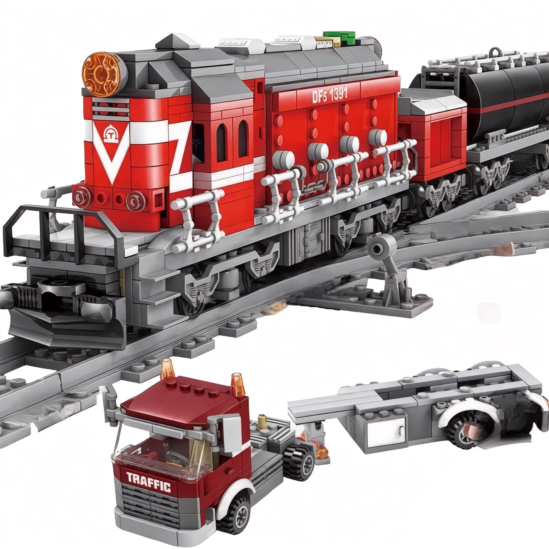 Red Diesel Cargo Train Building Blocks Set - 1000+ Piece City Series with Automatic Running System, Railway Tracks, and Truck - Compatible with Major Brick Building Brands