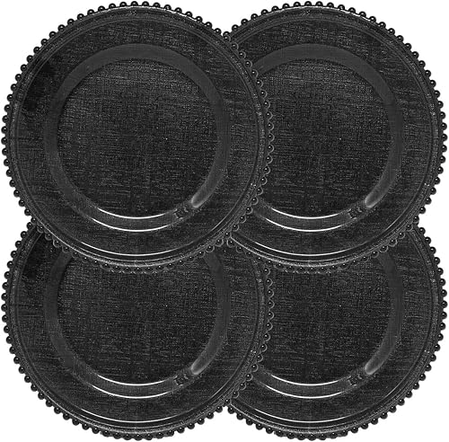 Miniatura 2 de Ms Lovely Cargador de vidrio con patrón de punto de cruz Plato de cena de 12.6 pulgadas con borde de cuentas - Juego de 4 - Negro