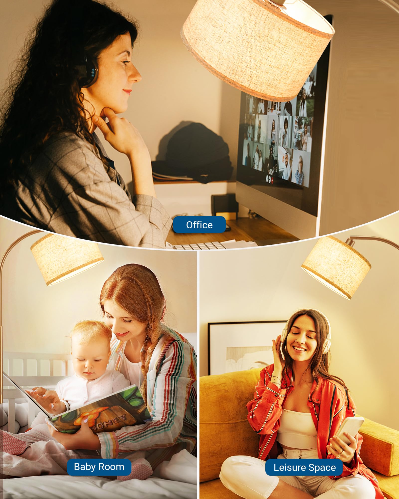 EDISHINE Lámpara de Pie Arco 161cm Pantalla de Lino Beige E27 con Bombilla LED Ajustable Dorado