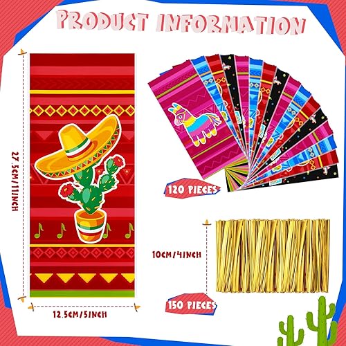 Miniatura 6 de Eaasty 120 bolsas de celofán mexicano, bolsas de dulces mexicanos, bolsas de golosinas de Cinco de Mayo, recuerdos de fiesta con 150 lazos dorados