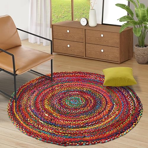 Miniatura 2 de Gruhum Alfombra de algodón de 3 x 3 pies, colección redonda de fibra natural, hecha a mano, estilo bohemio, con encanto, de algodón, suave alfombra