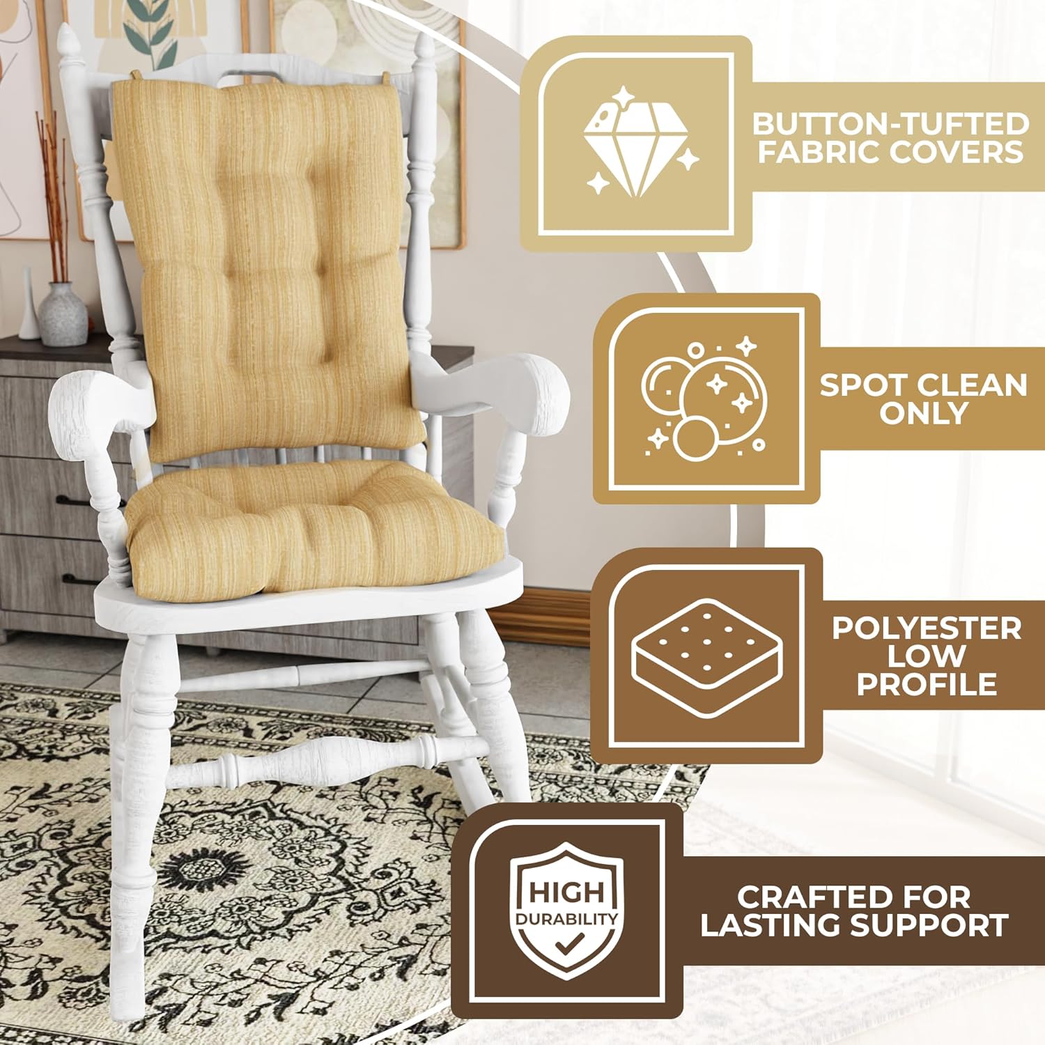 Klear Vu The Gripper Non-Slip Rocking Chair Cushion Set with Thick Padding, Includes Seat Pad & Back Pillow with Ties for Indoor Living Room Rocker, 17x17 Inches, 2 Piece Set, Sand