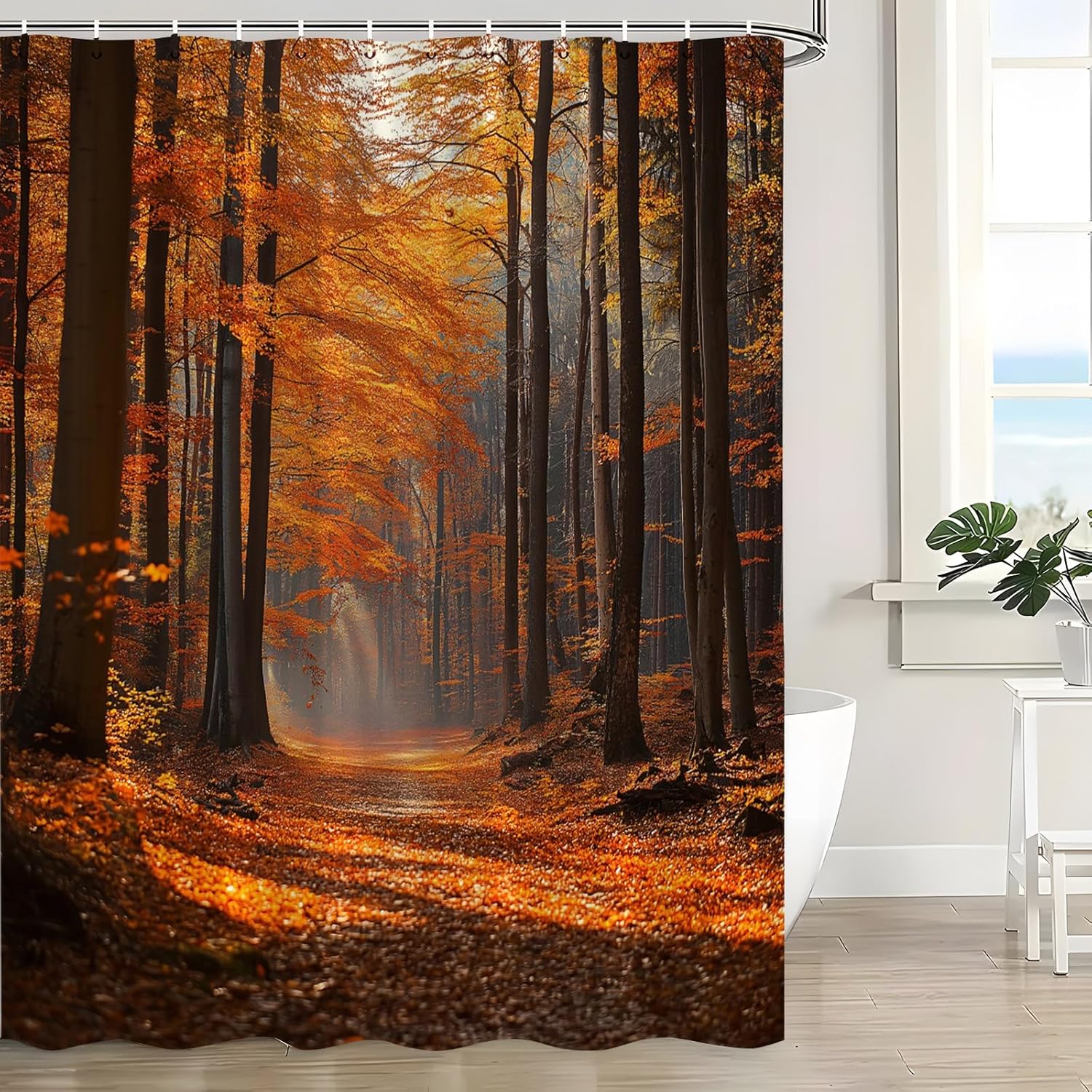 Fall Forest Shower Curtain Fallen Maple Leaves Sunshine Autumn Tree Seasonal Outdoor Harvest Farmhouse Nature Scenery Landscape Bath Curtain with Hook,70x83.8 Inch