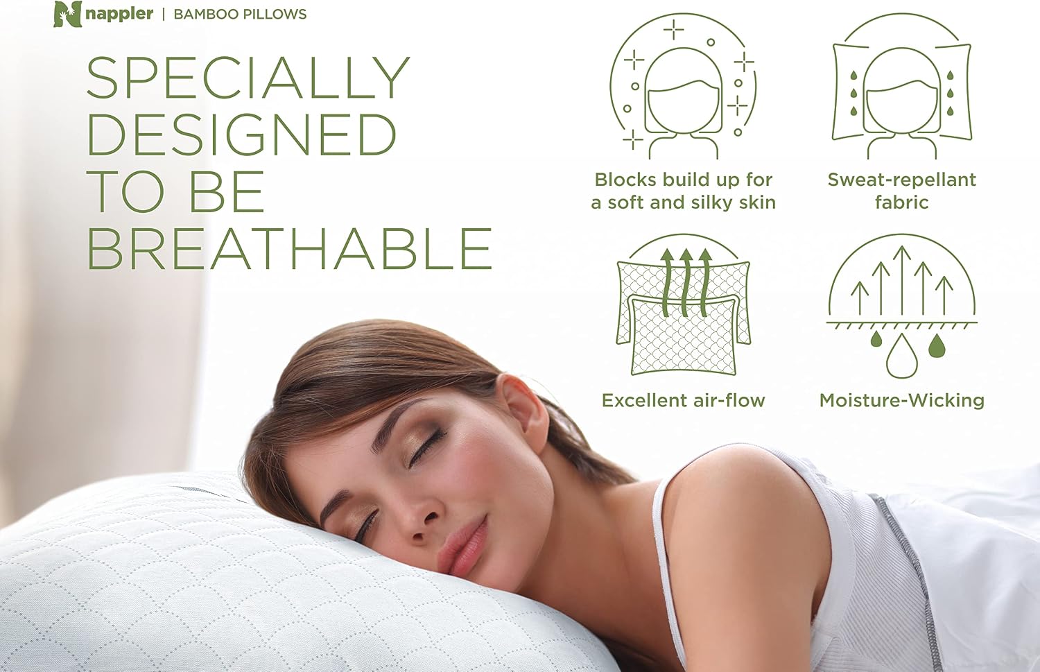 Nappler Bamboo Pillow Standard Premium - Supportive Breathable Adjustable Shredded Memory Foam - Medium to Firm Pillows for Back, Stomach & Side Sleepers