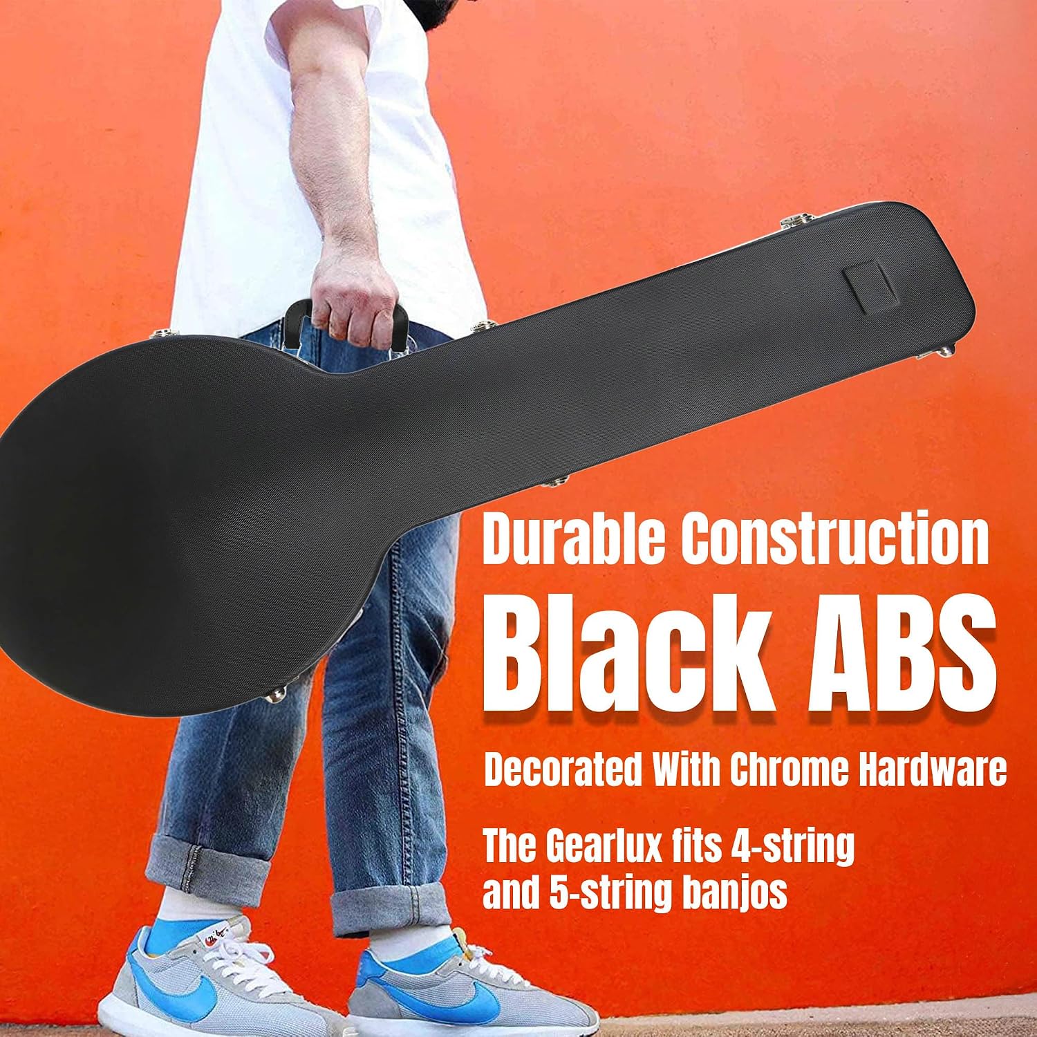 Gearlux Deluxe ABS 4-String and 5-String Banjo Case with Exterior Lock and Key, Interior Accessory Compartment, and Plush Interior Padding - Black
