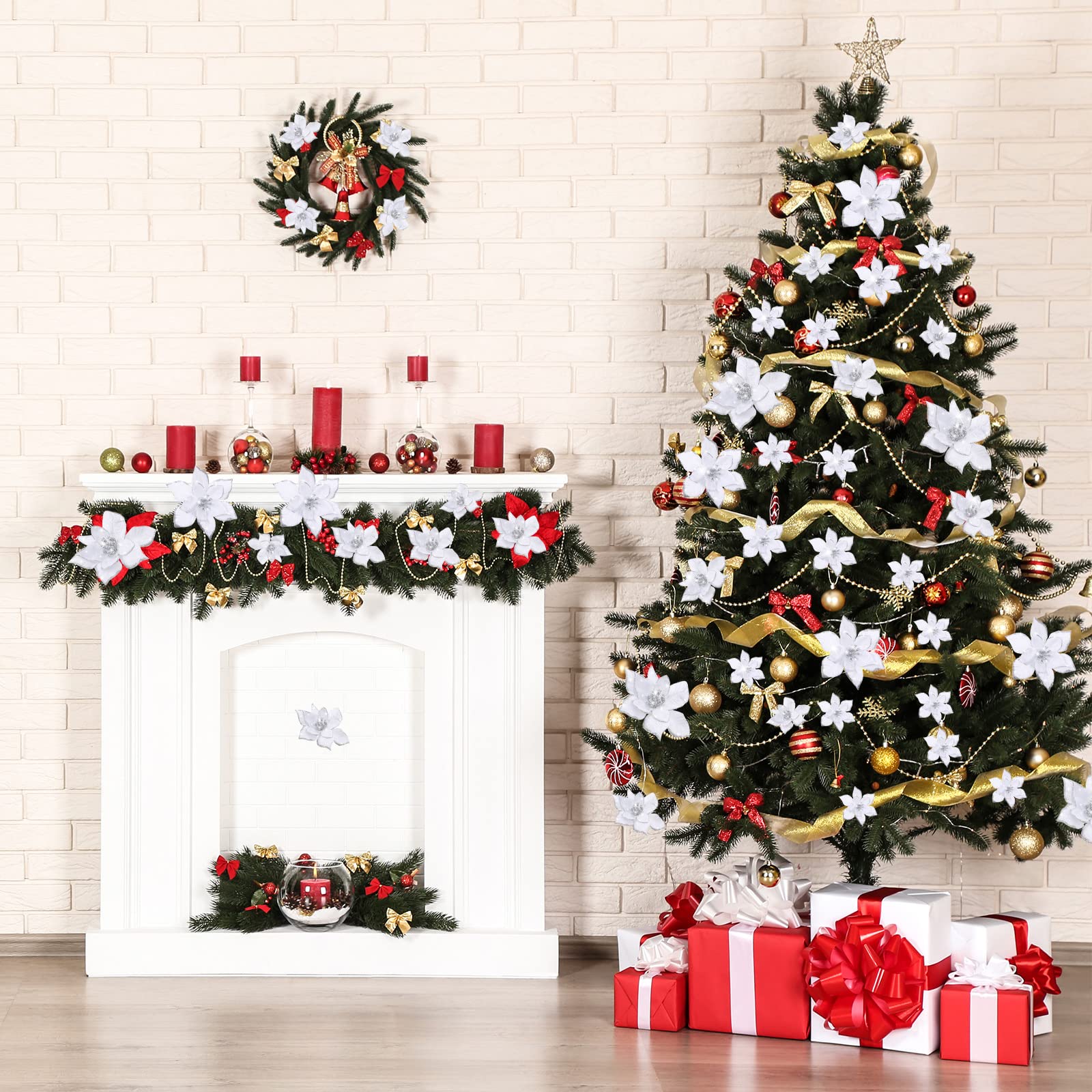 Geosar 100 Pcs Poinsettia à Paillettes de Noël de 3 Tailles Fausses Fleurs de Mariage Ornements de Décoration de Fleurs de Noël pour Décor Extérieur Maison Nouvel an Arbre de Noël (Blanc)