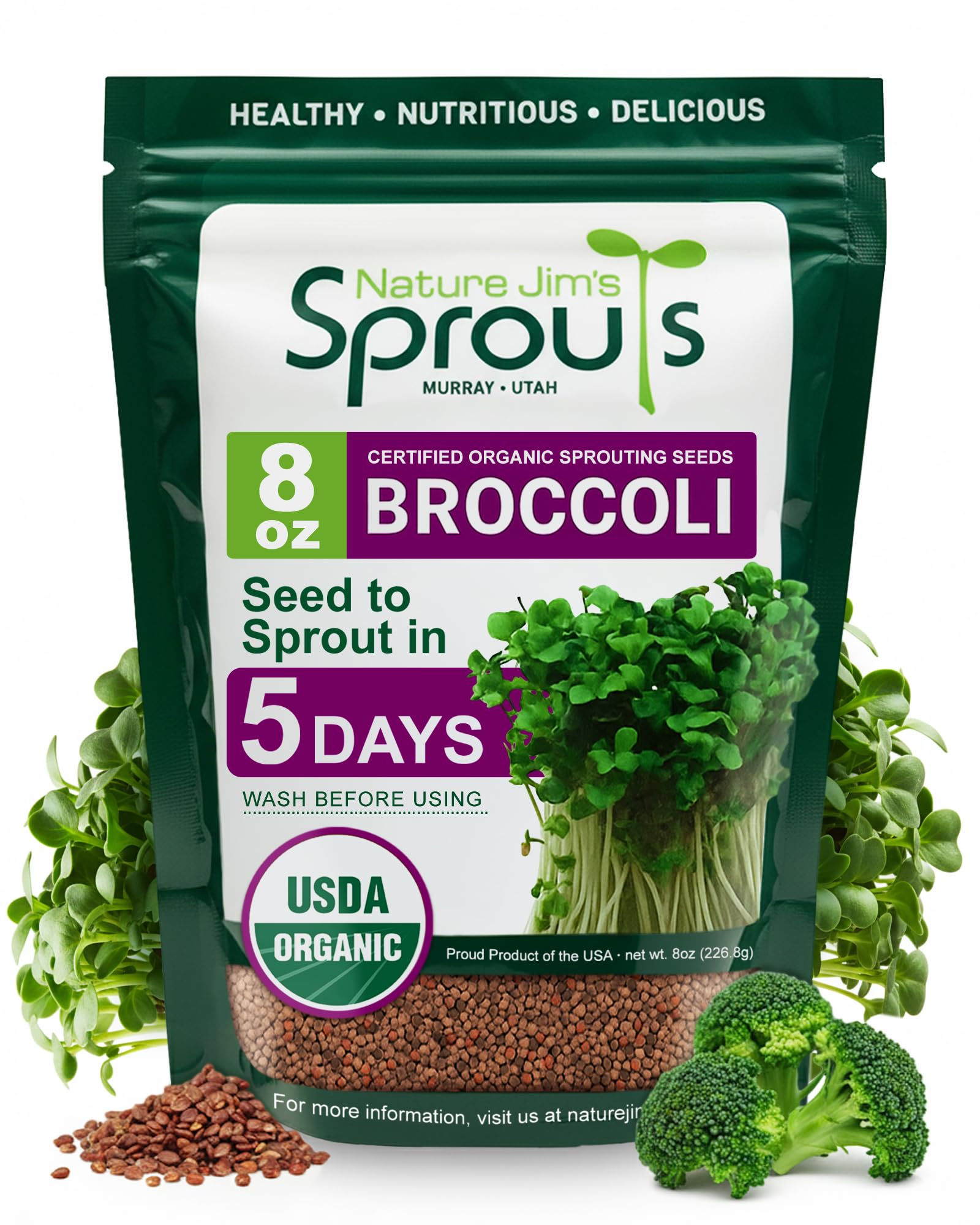 Nature Jims Sprouts Organic Broccoli Seeds for Sprouting – Certified Non-GMO, Rich in Sulforaphane, Swift-Growing Microgreen Seeds for Nutritious Broccoli Sprouts – Ideal for Indoor/Outdoor Use – 8ozUSDA Organic