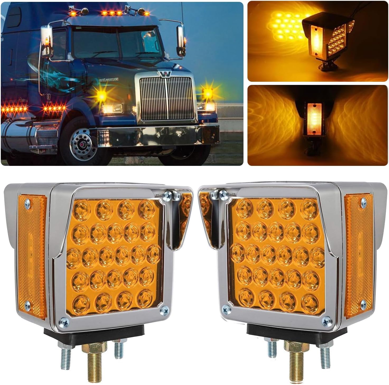 Gonice LED Square Pedestal Truck Lights - 2PCS 52-LED Dual Face Amber Turn Signals with Chrome Visors, DOT Compliant for Freightliner, Kenworth, Mack, Western Star