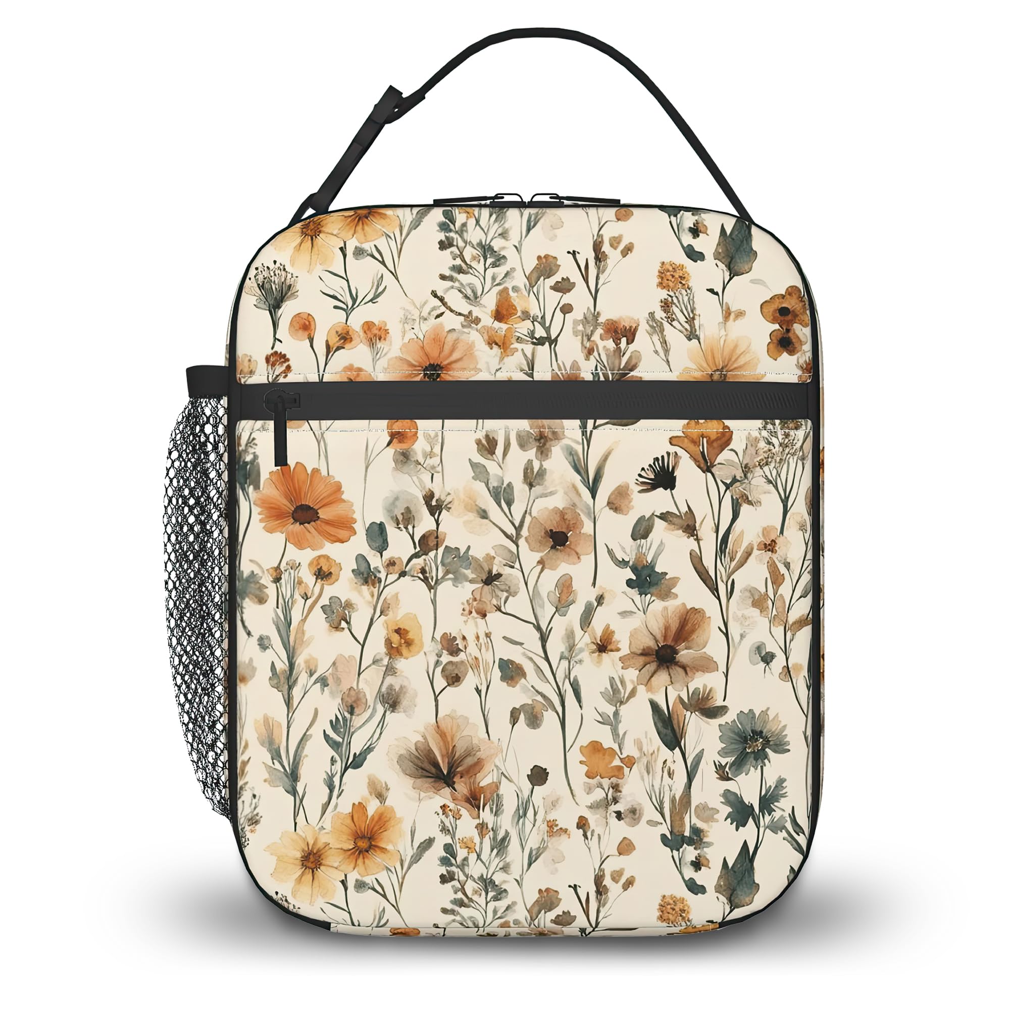 ZIGAHUA Lunch Bag,Country Wildflower Insulated Lunch Box with Side Pocket for Girls Boys Women, Portable Thermal Cooler Bag for Teens, School, Work, Picnic, Beach