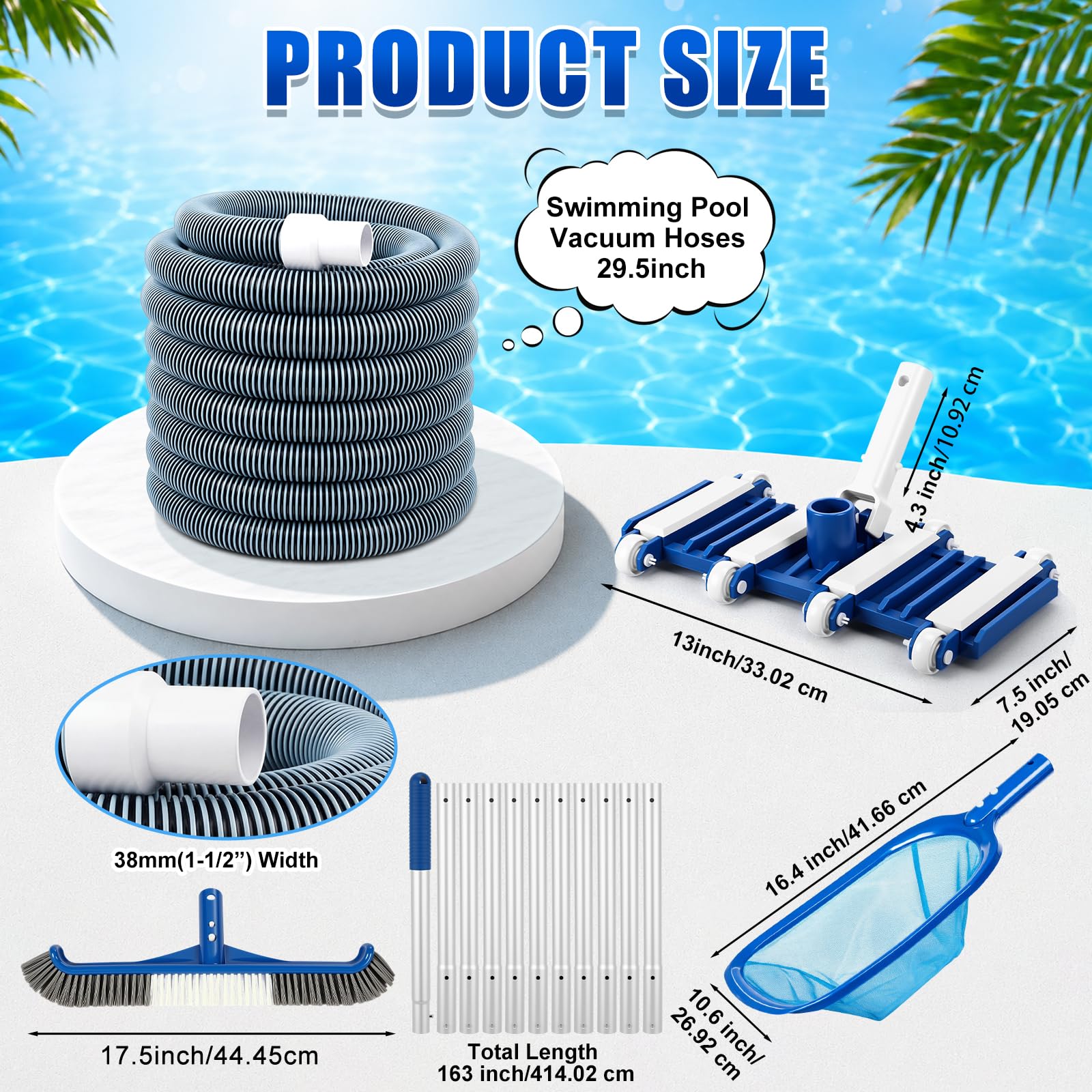 Kit d'aspirateur de piscine 5 pièces comprenant un tuyau de 2,5 à 1,3 cm x 9 m avec tête d'aspiration à roue pivotante, un poteau réglable, une brosse de 44,5 cm et un filet d'écumoire pour