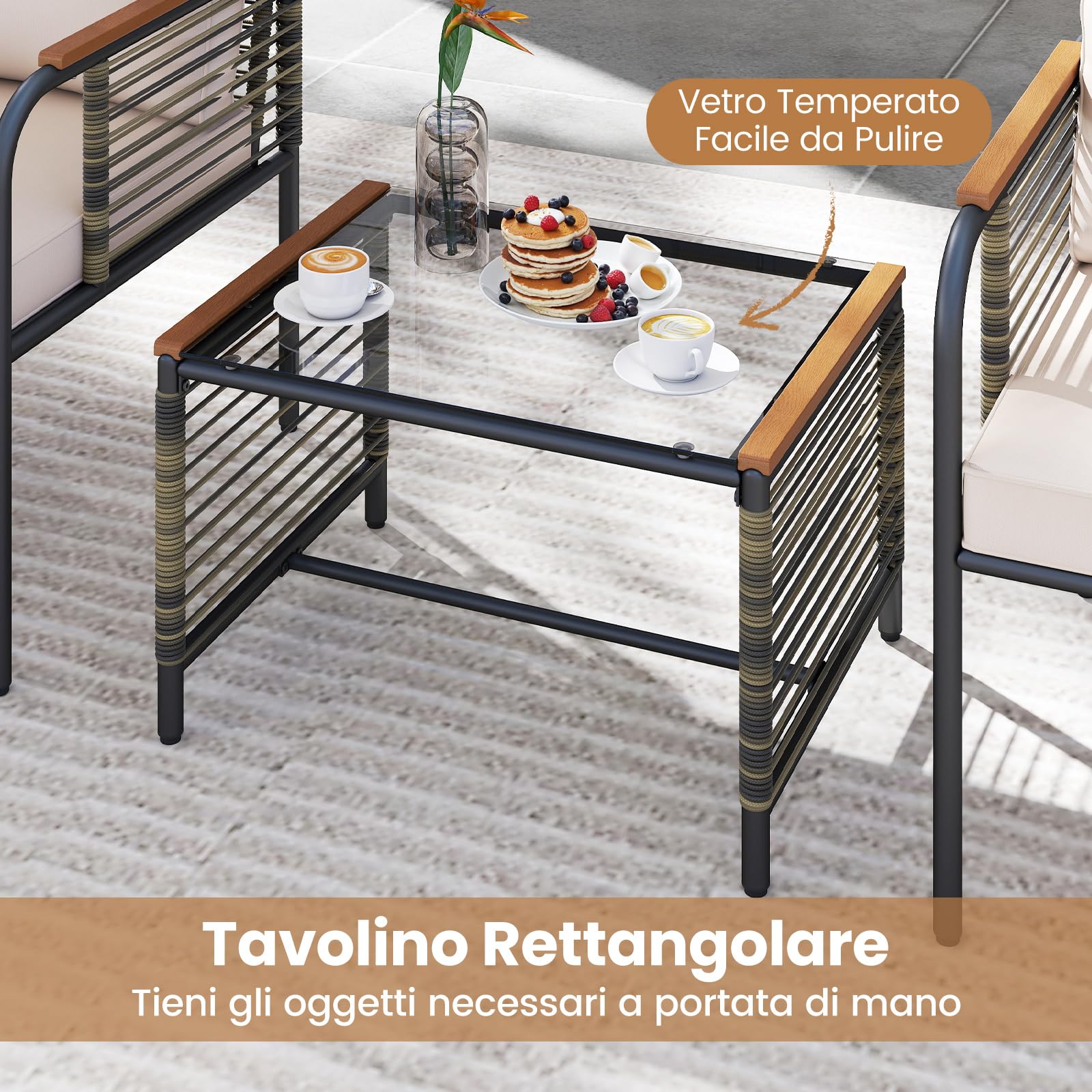 COSTWAY Set Conversazione da Esterno 5 Pezzi con Cuscini, Sedie in Rattan con 2 Pouf e Tavolino da Caffè in Vetro Temperato, Set di Mobili da Esterno per Balcone, Veranda, Terrazza e Giardino (Beige)