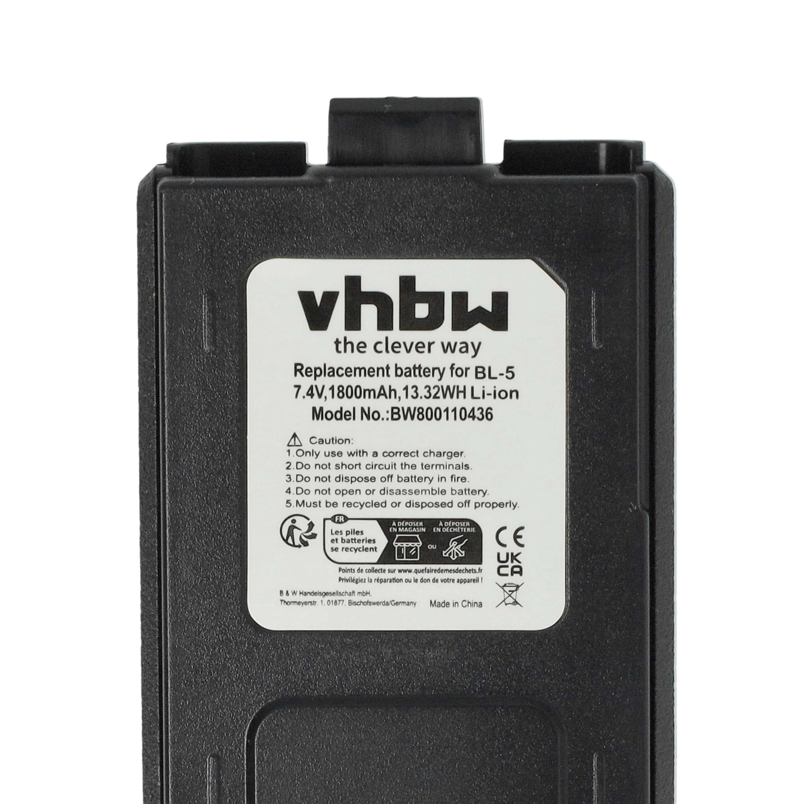vhbw batteria compatibile Baofeng UV-5R UV-5RE UV-5RA 1800mAh 7,4V Li-Ion sostituisce BL-5