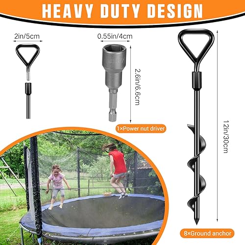 Miniatura 2 de 8 estacas de trampolín de 12 pulgadas, anclajes de tierra atornillados con broca, anclajes de tierra de metal para columpios, trampolines, tiendas