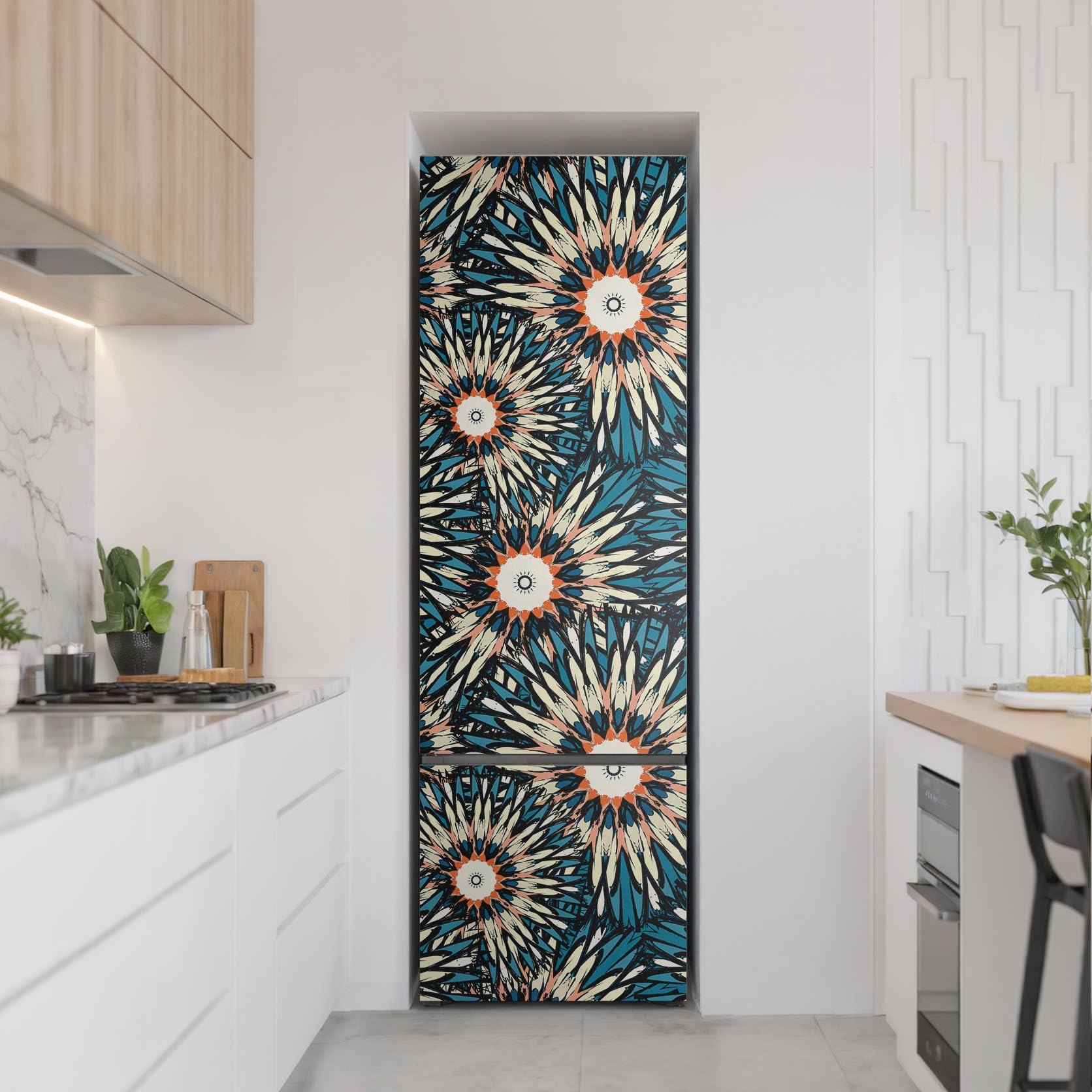 Autocollant pour Réfrigérateur 60x190 cm Protection Contre les Dégâts Décalcomanie pour Cuisine Auto-adhésif Décoration Couvrant Entièrement Sticker - Motif floral avec des rayons